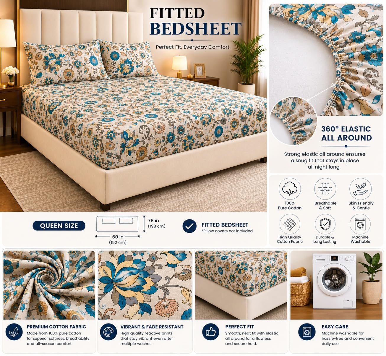 Bedsheet | 100% Cotton Elastic Fitted | King 78x72 inch, 3-Piece Pack | Printed