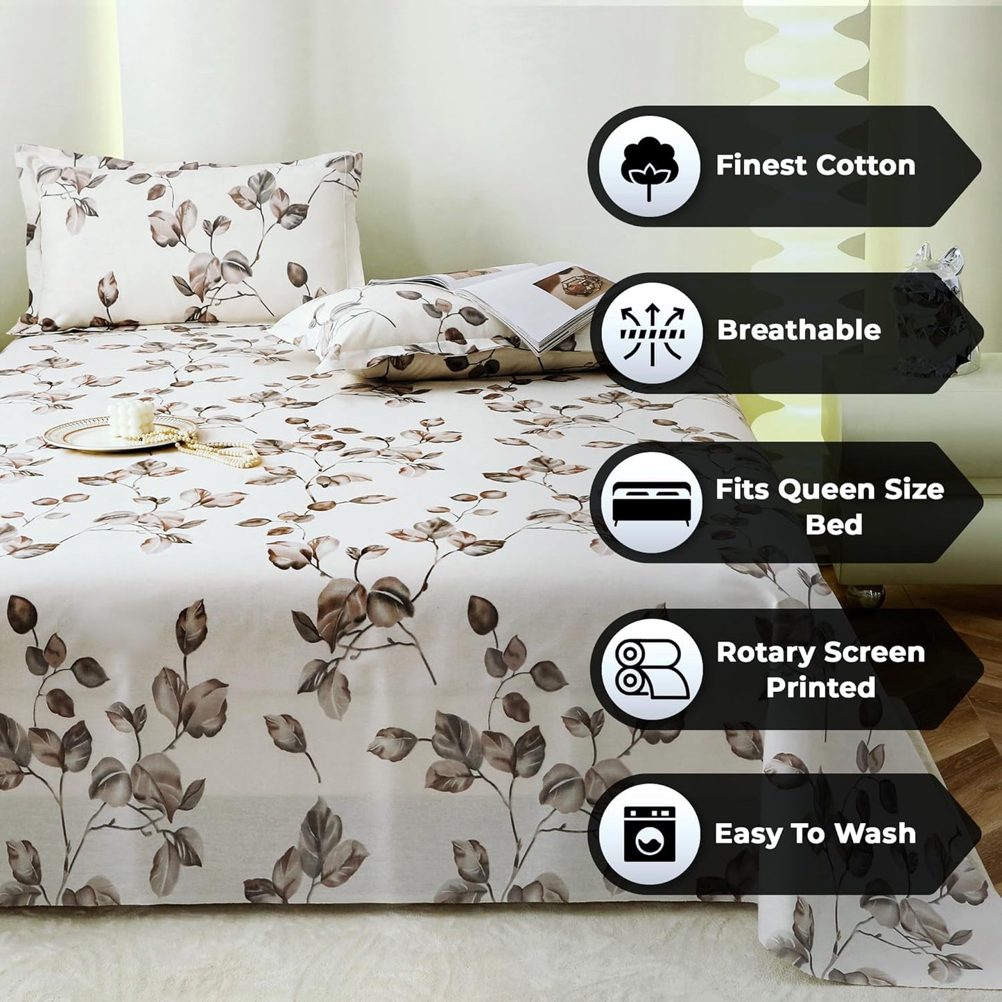Bedsheet Set - Cotton 190 TC Floral - Double/Queen Size, 2 Pillow Covers