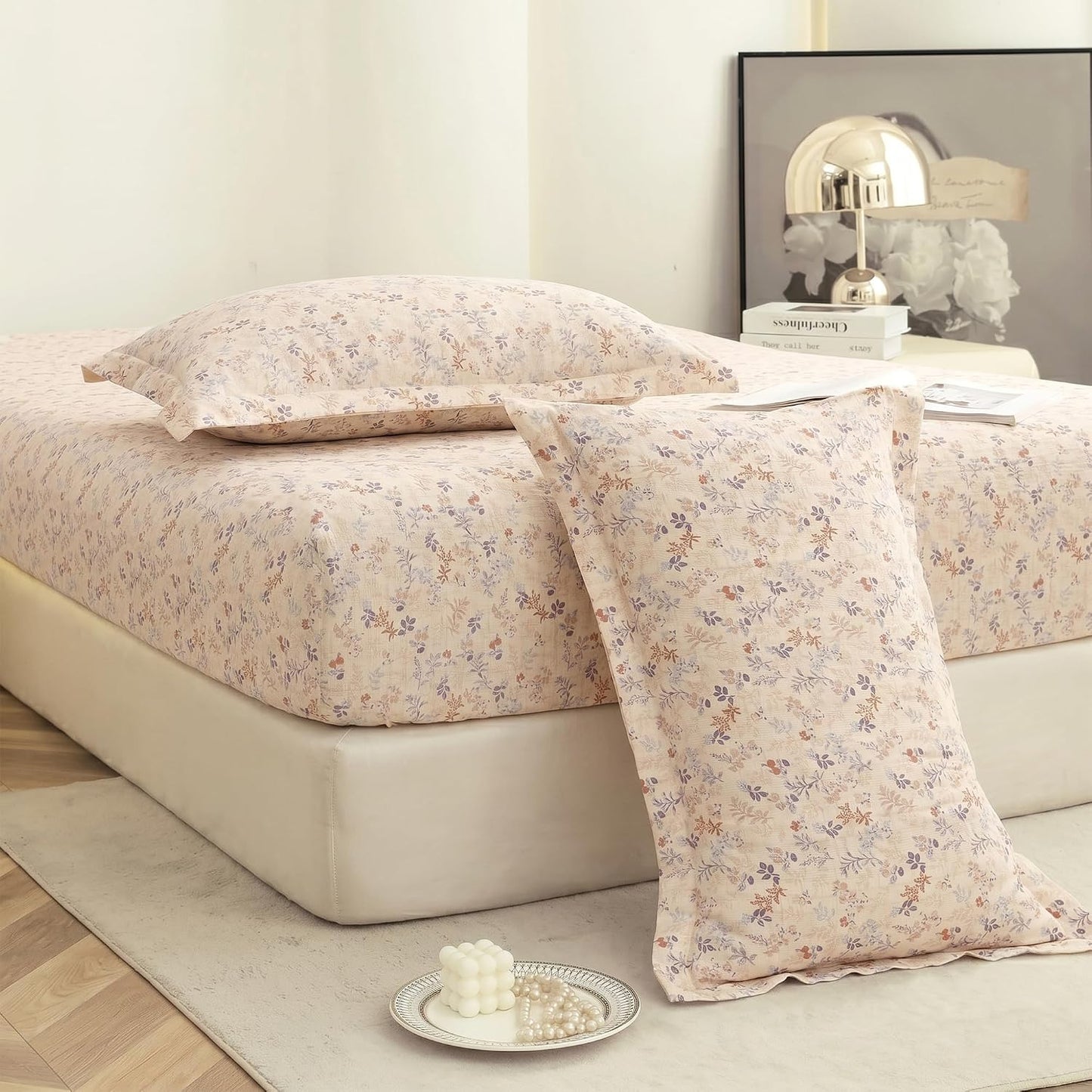 Bedsheet | Cloud Cotton Elastic Fitted | King Size 3-Piece, Ivory Pink | Floral Pattern