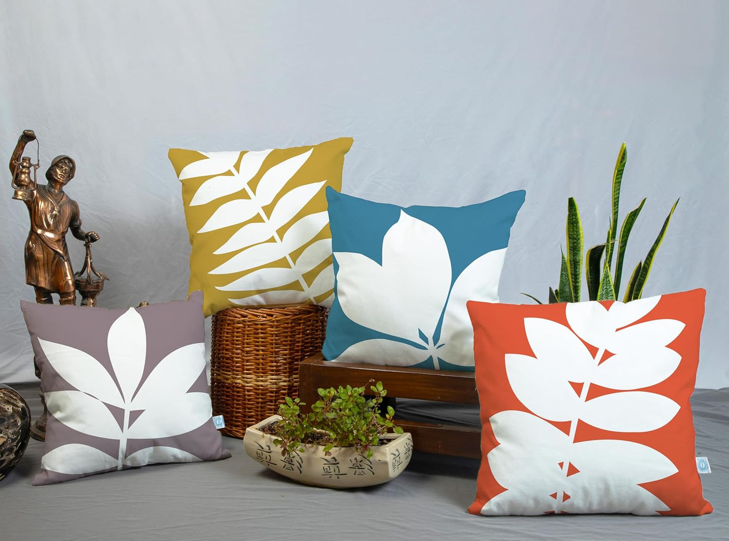Modern Botanical Multicolor Leaf Print Polycotton Cushion Covers Set of 4, 18x18 Inches | Sofa & Living Room Decor, Throw Pillowcases