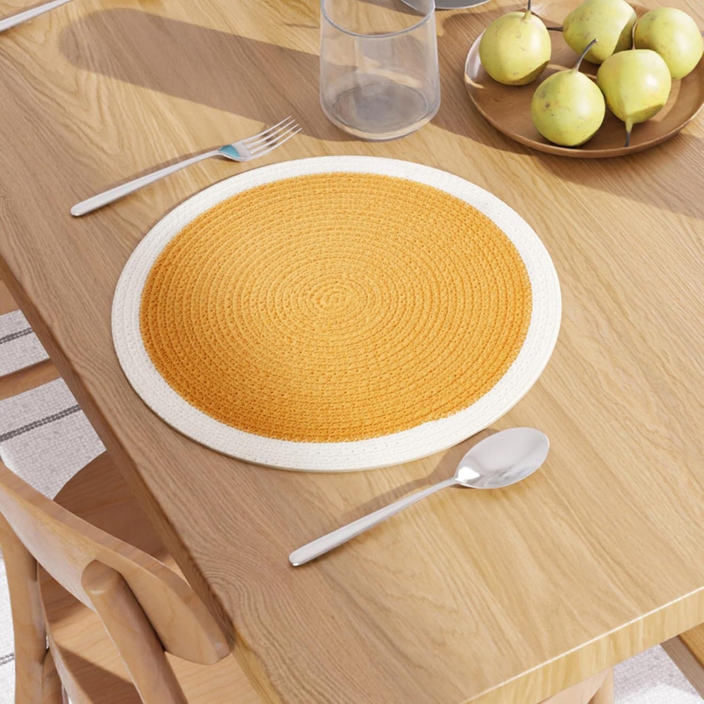 Handmade Ribbed Cotton Round Table Mats Set of 4 (32cm) | Heat-Resistant, Washable Dining Placemats