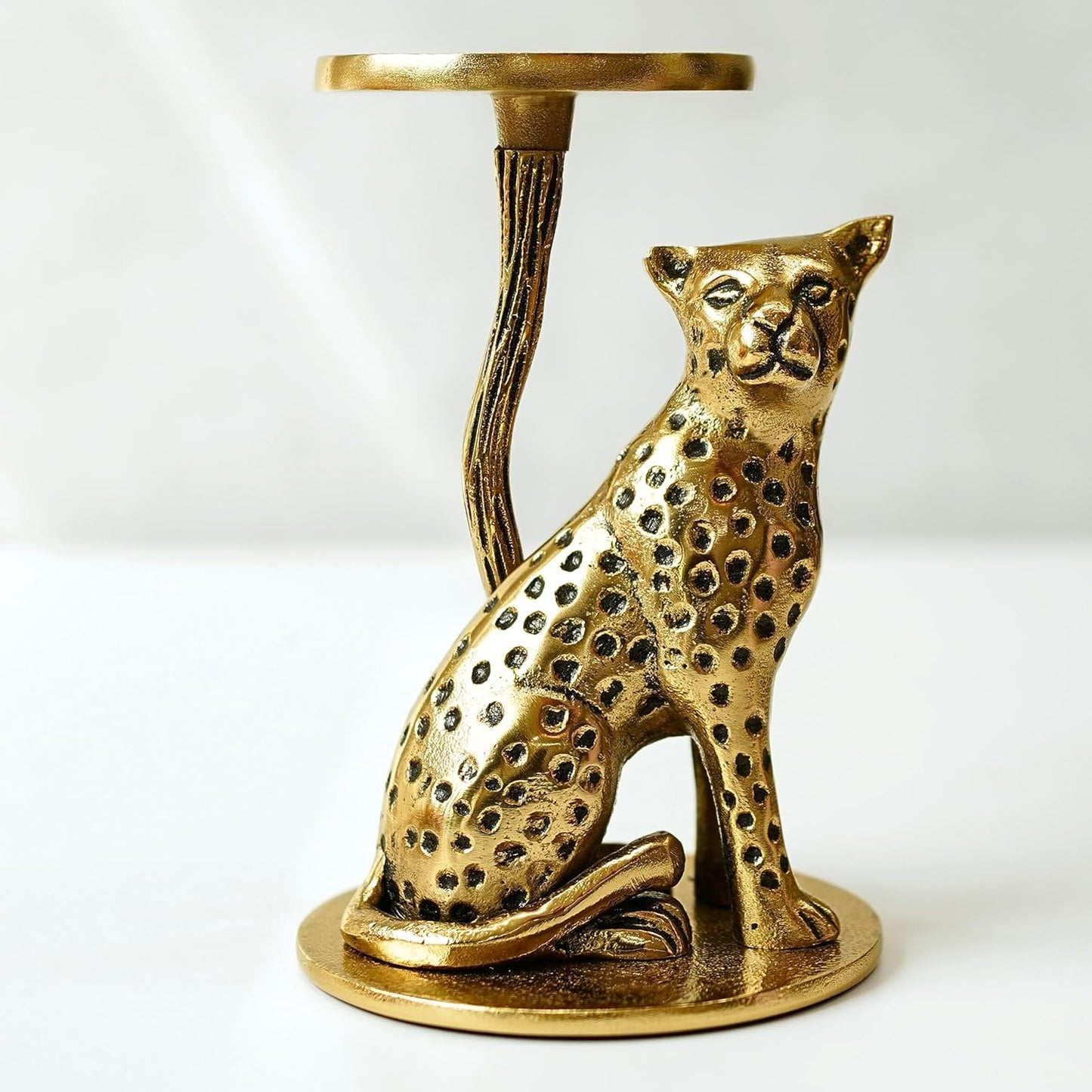 Artistic Aluminium Brass Finish Jaguar Pillar Candle Holder Statue | Tabletop Home Decor, Good Luck Gift