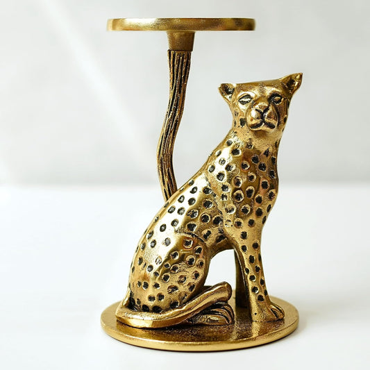 Artistic Aluminium Brass Finish Jaguar Pillar Candle Holder Statue | Tabletop Home Decor, Good Luck Gift