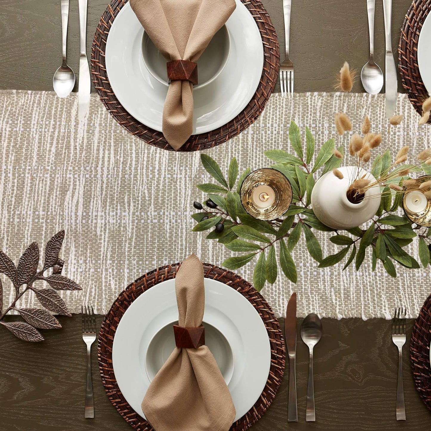Elegant Woven Beige White Table Runner with Tassels 13x74 Inch | Cotton Jute Blend Dining Home Decor