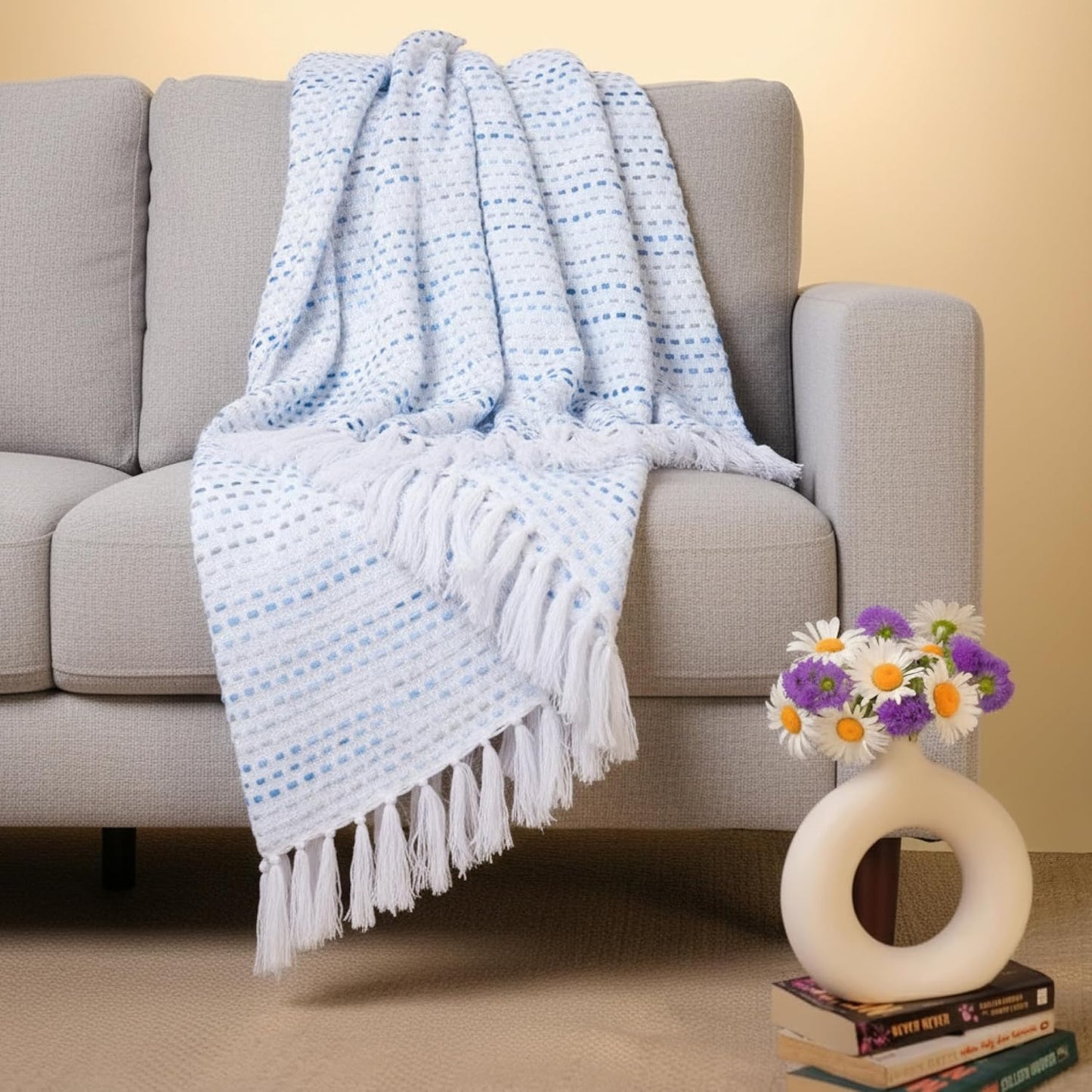 Handgebreide katoenen plaid – Geschikt voor alle seizoenen – Blauw met meerdere kwastjes – 203x132 cm