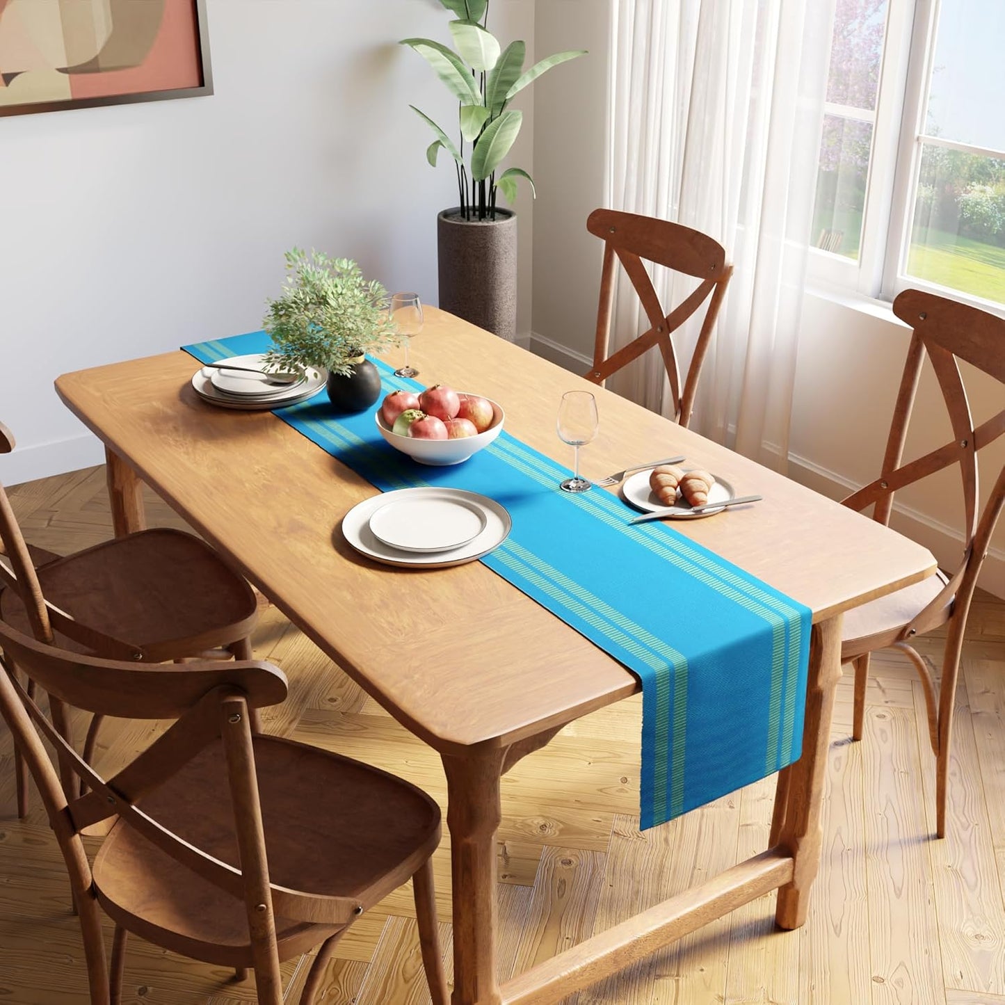 Modern Ladder Turq Blue Dining Table Runner, Yarn Dyed Fine Ribbed Cotton, 32x183 cm for 4-6 Seater | Machine Washable Kitchen Decor