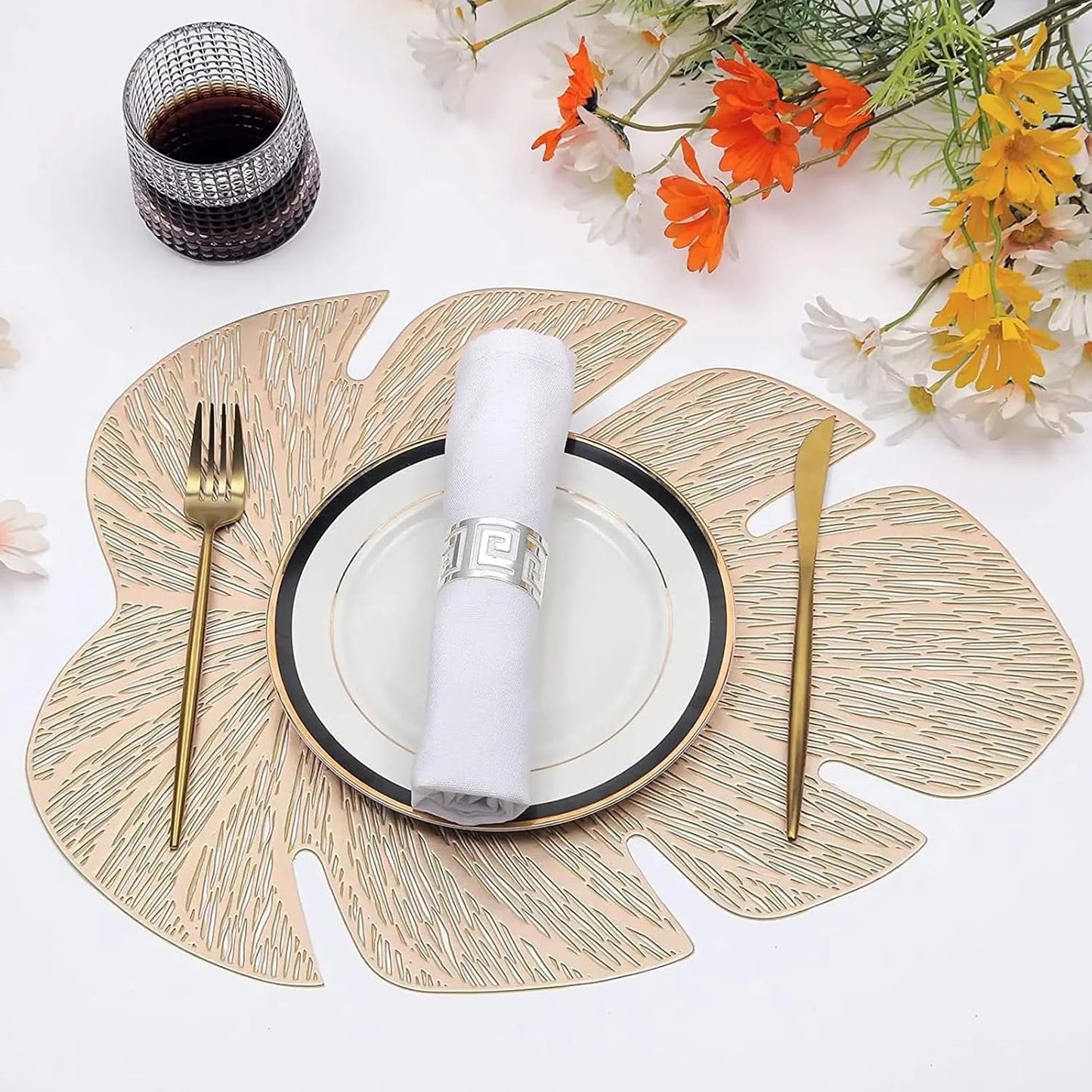 Stylish Leaf Non-Slip Heat Resistant Placemats Pack of 6 (45x36 cm) | Wipeable PVC Golden Dining Table Mats