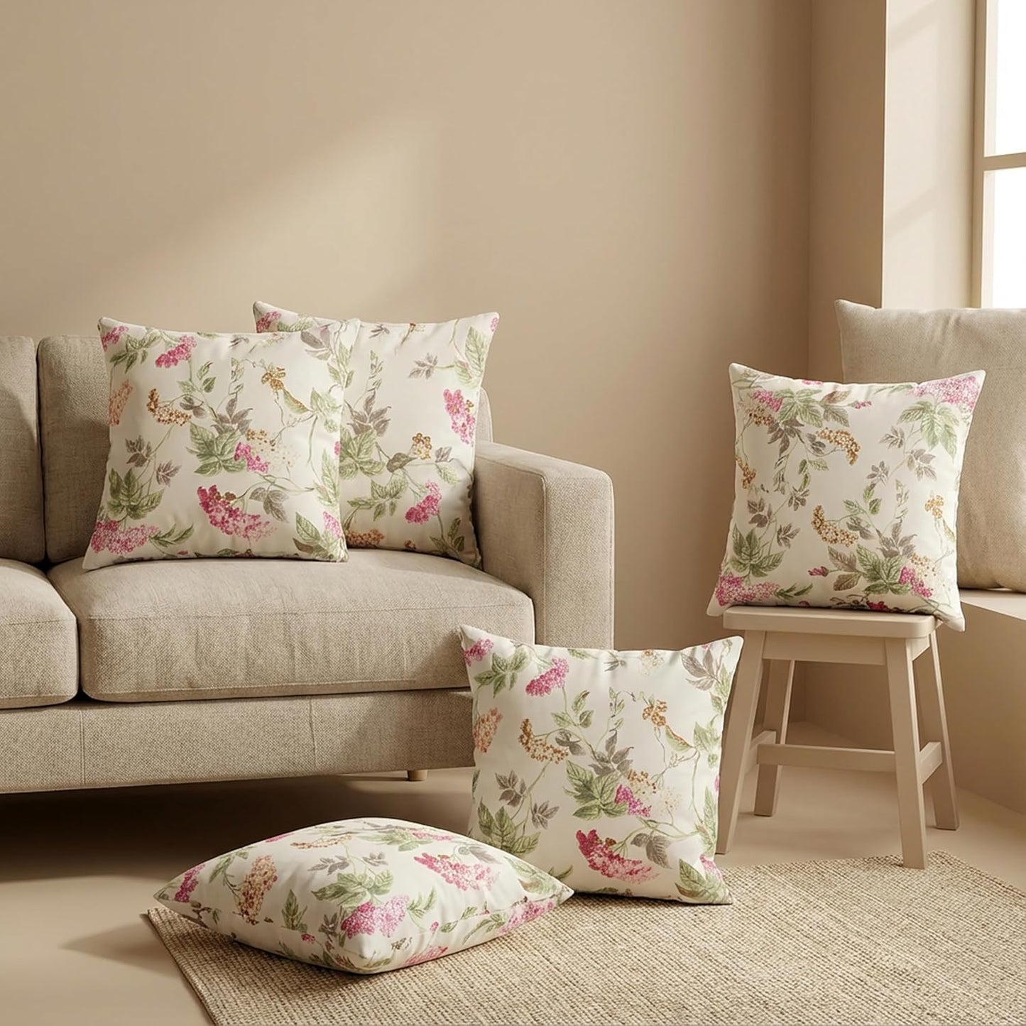 Floral Print Cushion Cover – Soft Cotton, Hidden Zipper – 16x16 Inch, Set of 5