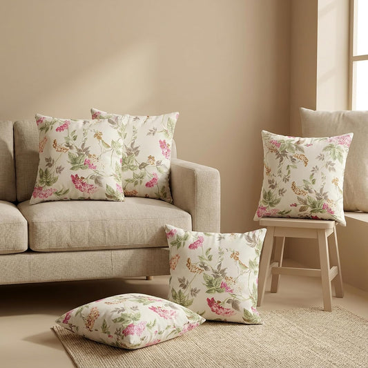 Floral Print Cushion Cover – Soft Cotton, Hidden Zipper – 16x16 Inch, Set of 5
