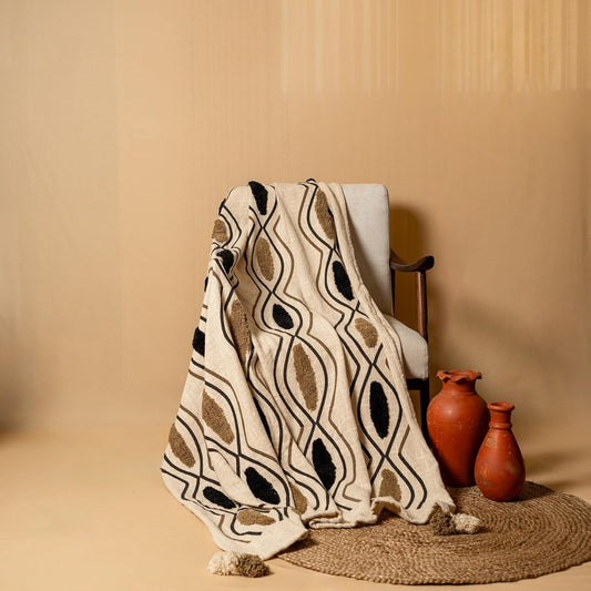 Beige Black Patterned Throw – Cotton Blanket – Natural Woven Base – 180x130 cm