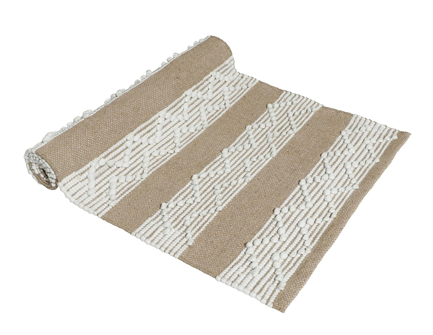 Modern Hand Woven 100% Natural Cotton Diamond Pattern Rug, Carpet, Bed Side Runner 2x5 ft (Beige & White) | Bedroom, Living Room, Washable Floor Runner