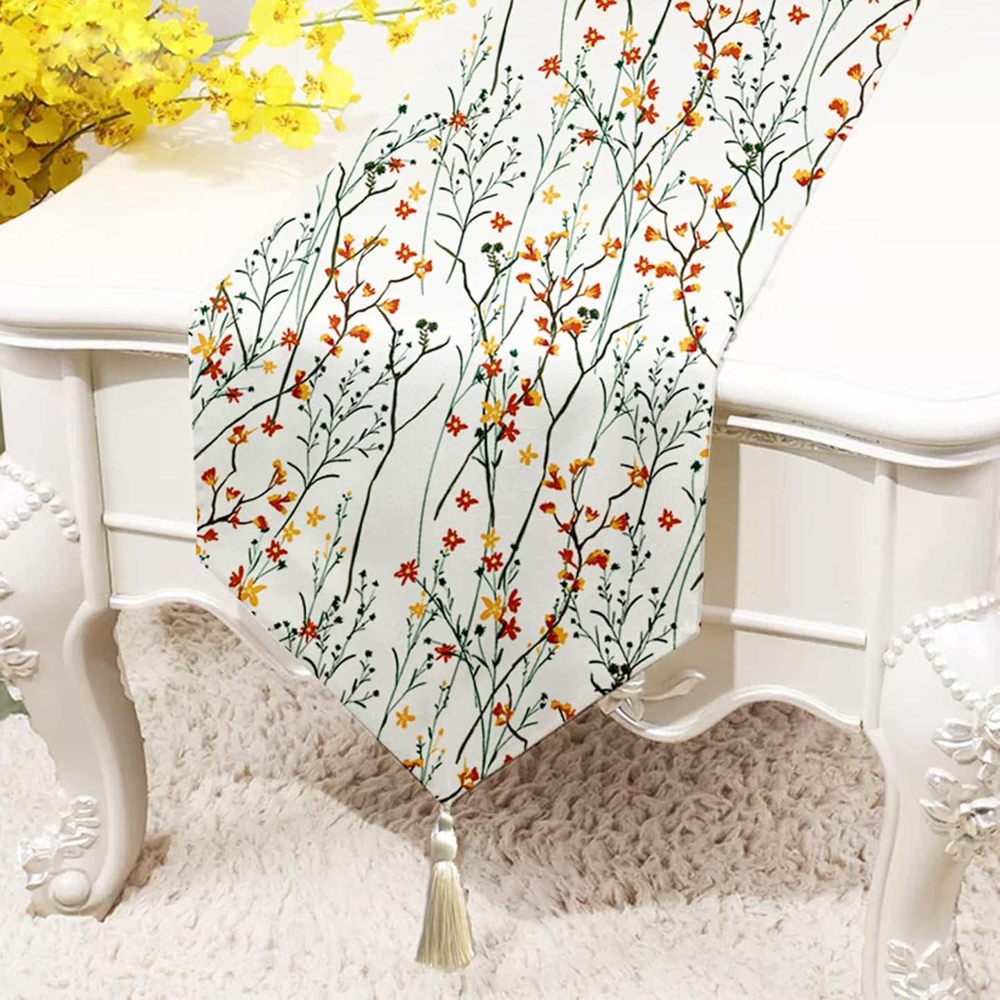 Floral Printed Poly Cotton Table & Bed Runner (13x60 Inch) with Tassel | 4 Seater Home Decor, Dining, Bedroom