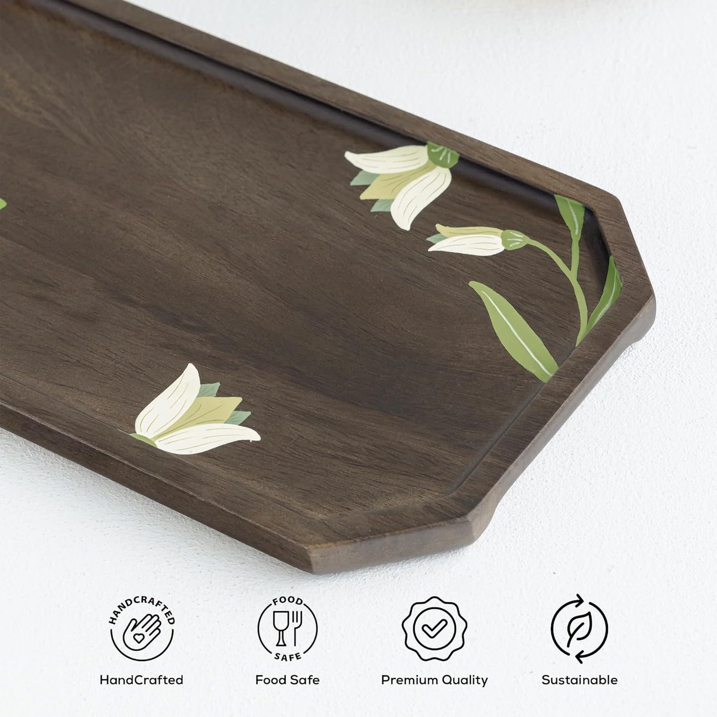Artisan Handpainted Wooden Platter – Serving Tray – Mango Wood, Floral Design