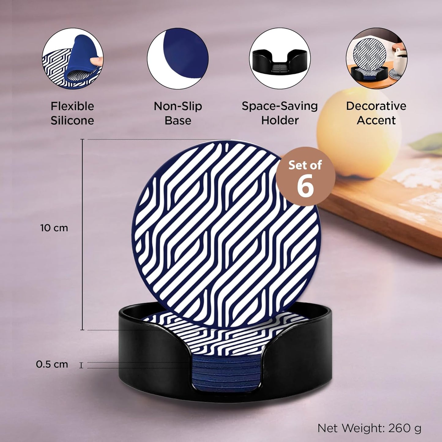 Attractive Silicone Drink Coasters Set of 6 with Holder | Heat-Resistant Table Decor for Home & Office