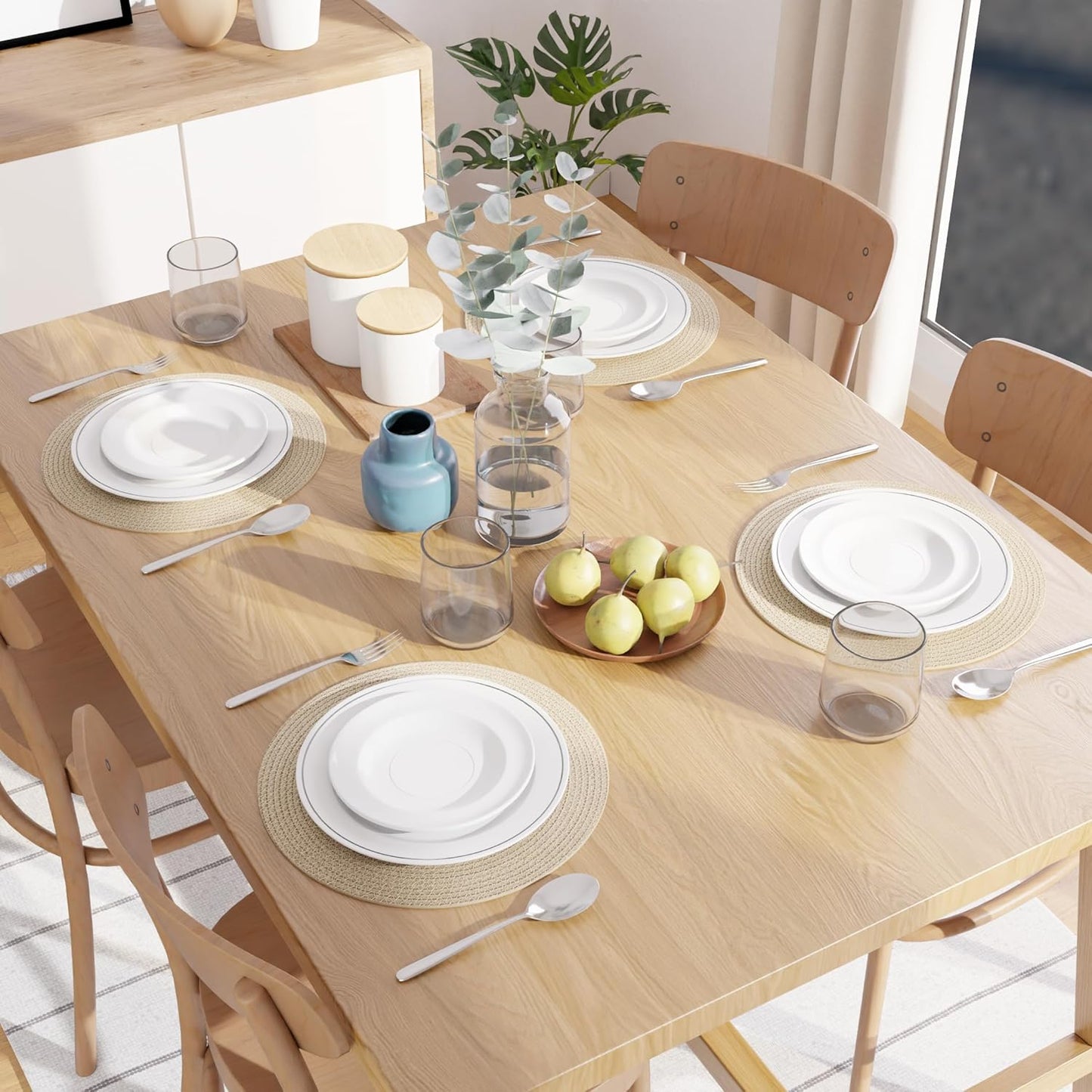 Handmade Ribbed Cotton Dining Table Mats Set of 4, 32cm | Heat-Resistant Washable Placemats, Kitchen Table Mats Beige