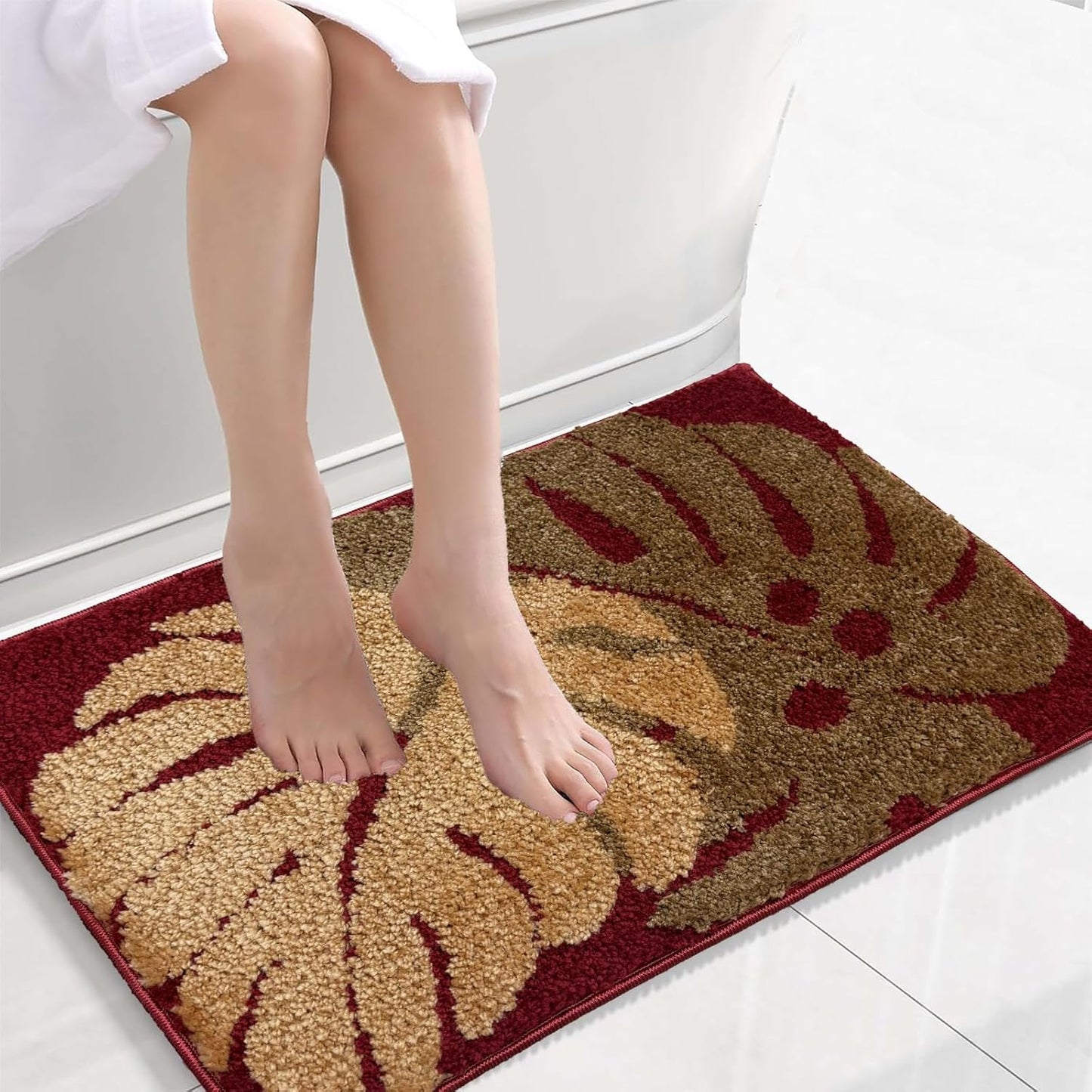 Twin Leaves Design Bath Mat | 2000 GSM Microfiber, Anti-Skid, Super Absorbent | 40x60 CM Rectangular Bathroom Rug