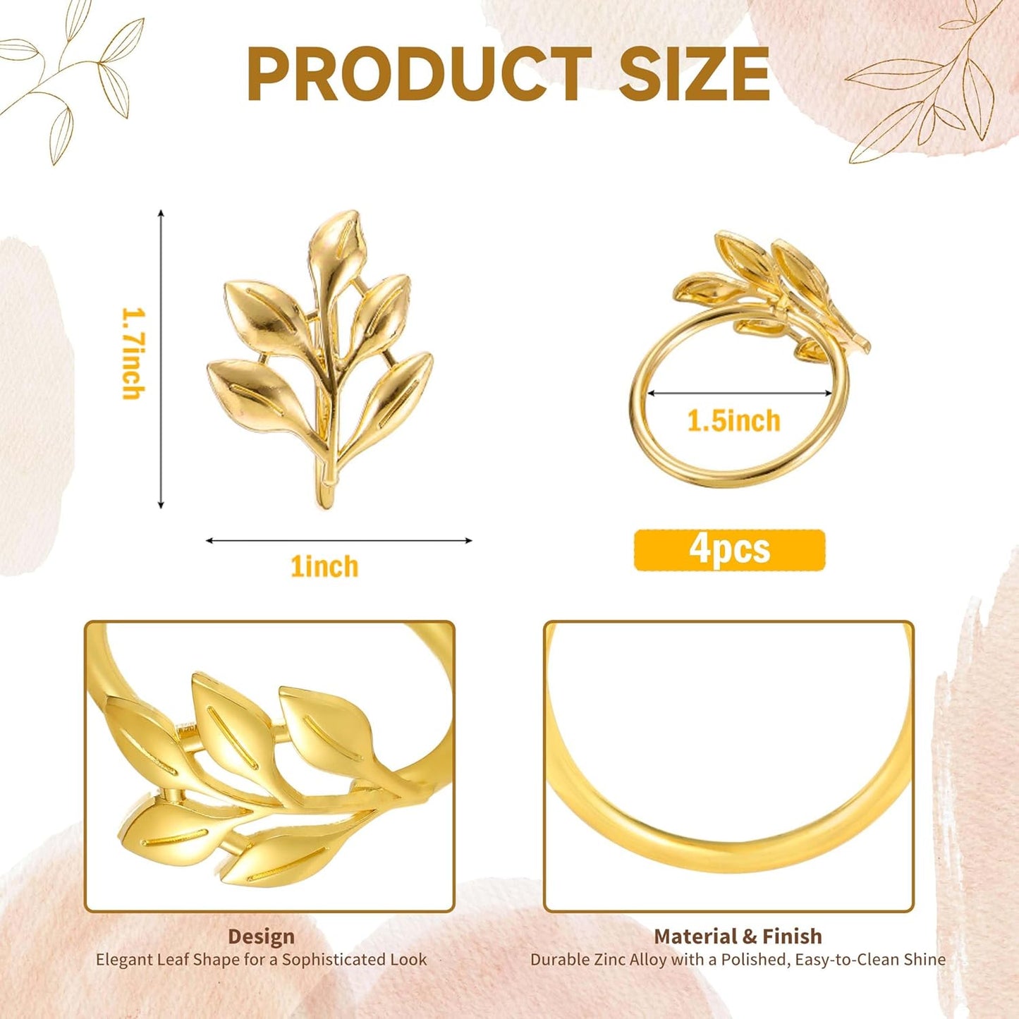 Ronds de serviette motif feuille d'or – Accessoires de table haut de gamme – Construction en métal durable – Lot de 4