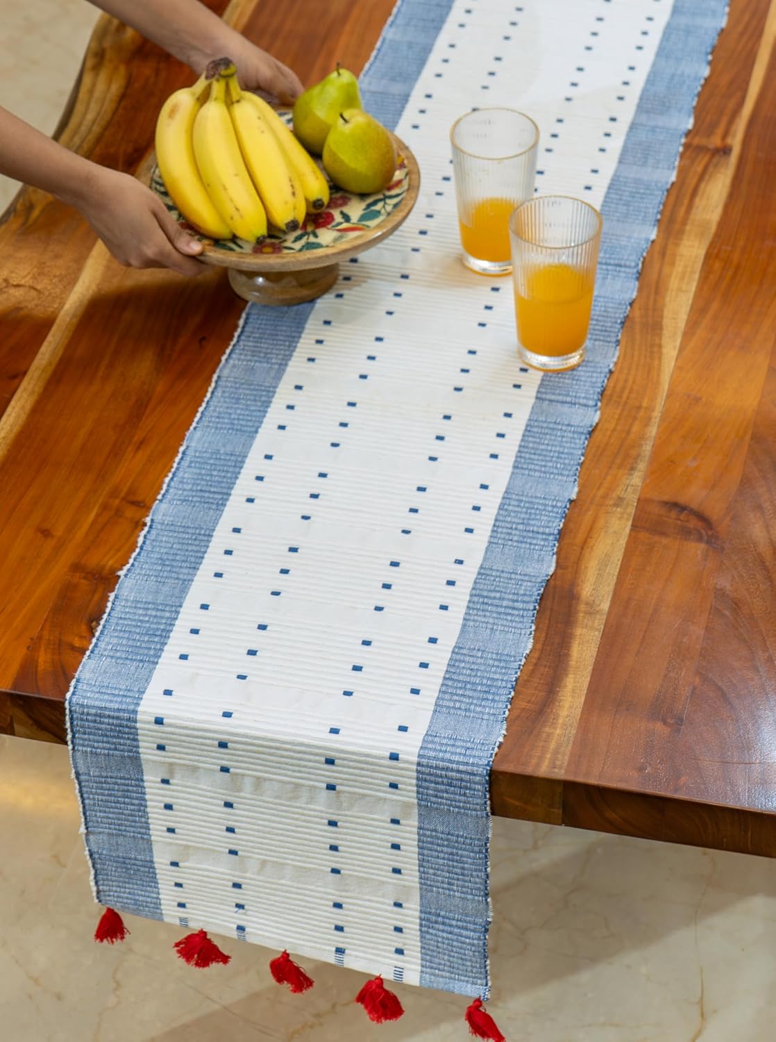 Boho Ribbed Cotton Table Runner, Thick Weave with Bright Tassels, 76x15 inch 6 Seater | Dining Decor, Kitchen Linen