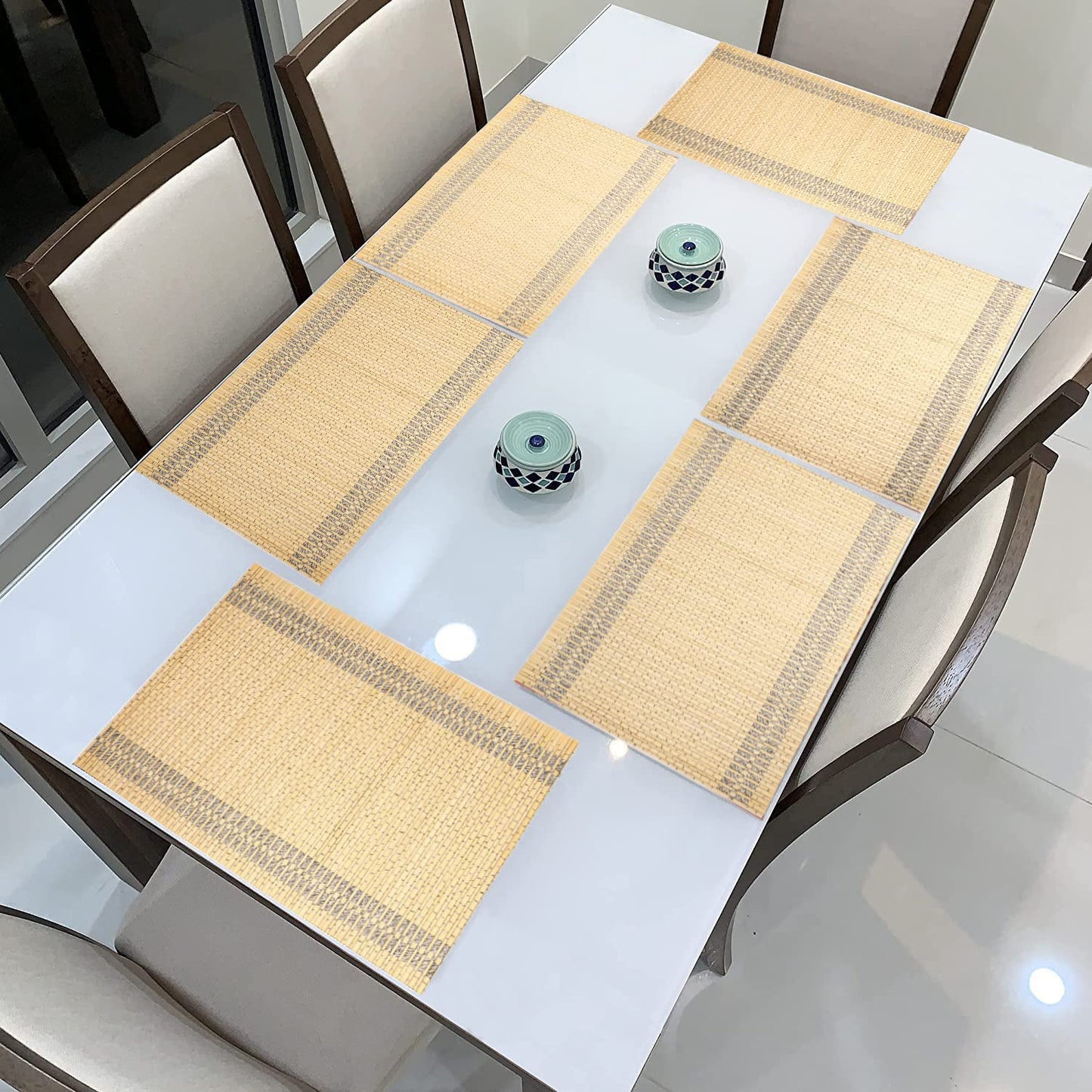 Reversible Bamboo Heat Resistant Placemats Set of 6, 45x30 cm | Easy Clean Dining Table Mats, Wooden Table Mats
