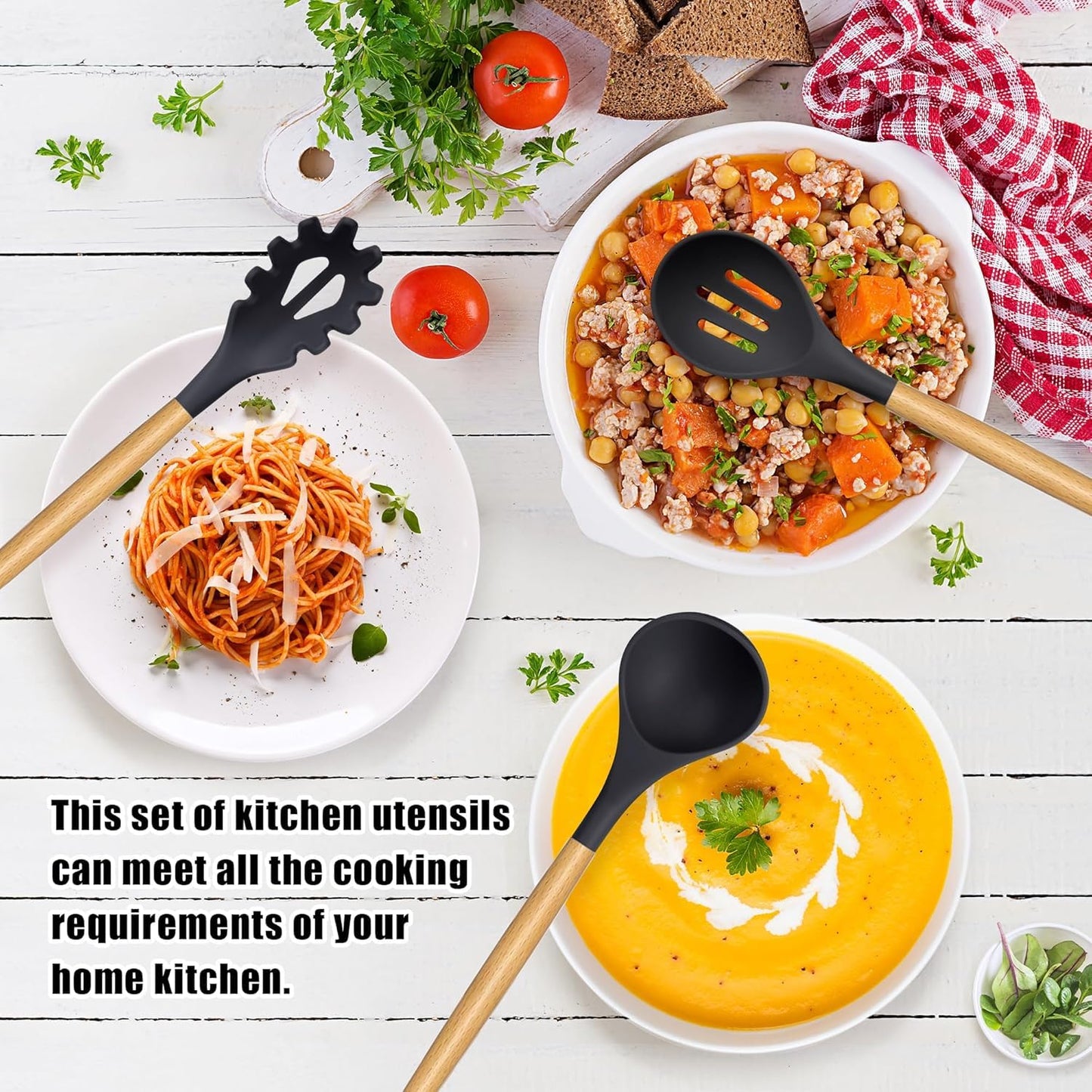 Silicone Kitchen Utensil Set – Cooking & Baking Tools – Heat Resistant Silicone, Wooden Handle, Non-Stick Safe – 12-Piece