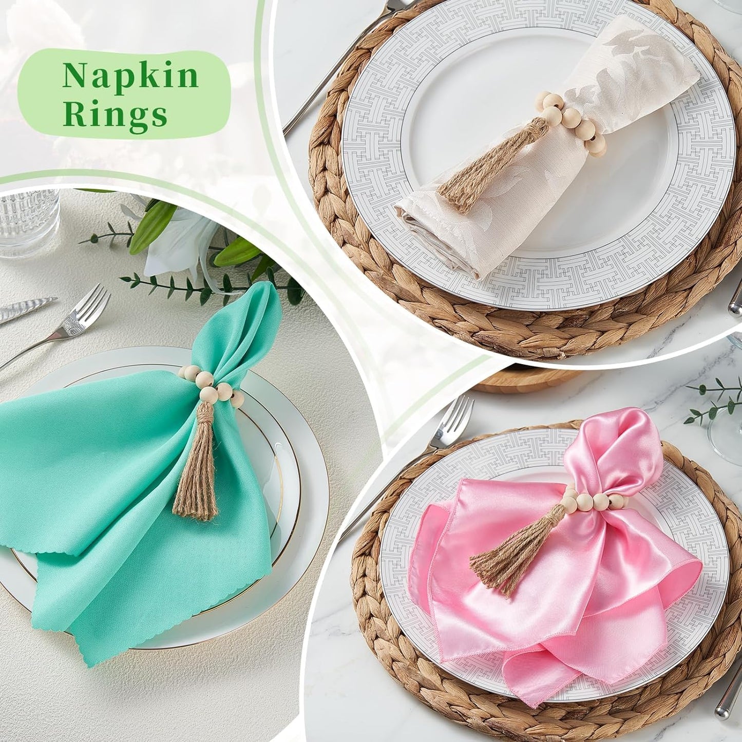 Ronds de serviette en perles de bois – Accessoires de table – Bois naturel, pompon, élastique – Lot de 6