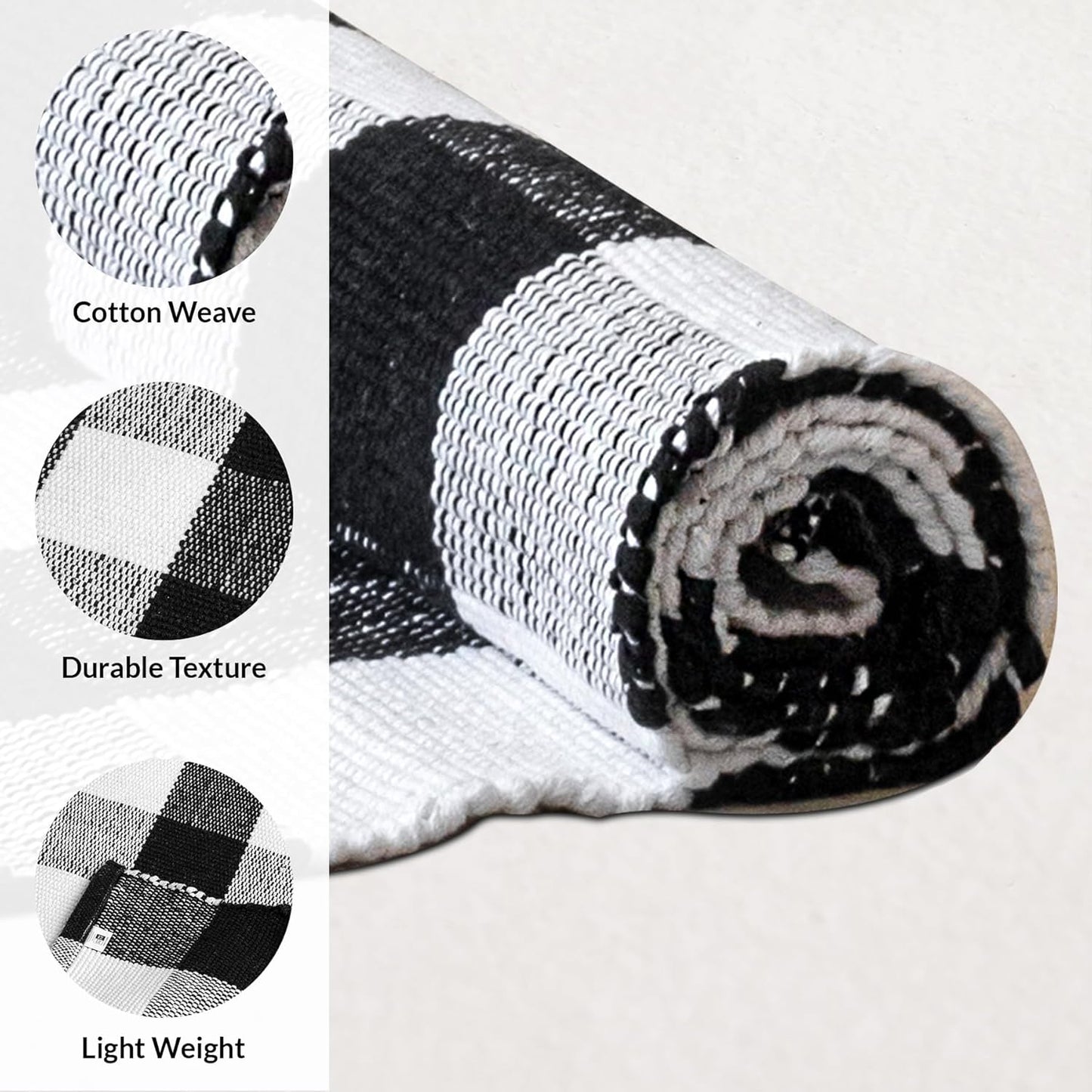 Buffalo Plaid Cotton Rug Runner - Hand Woven Washable Check Floor Mat (Black & White, 2x6 ft) | Farmhouse Entryway Kitchen Decor