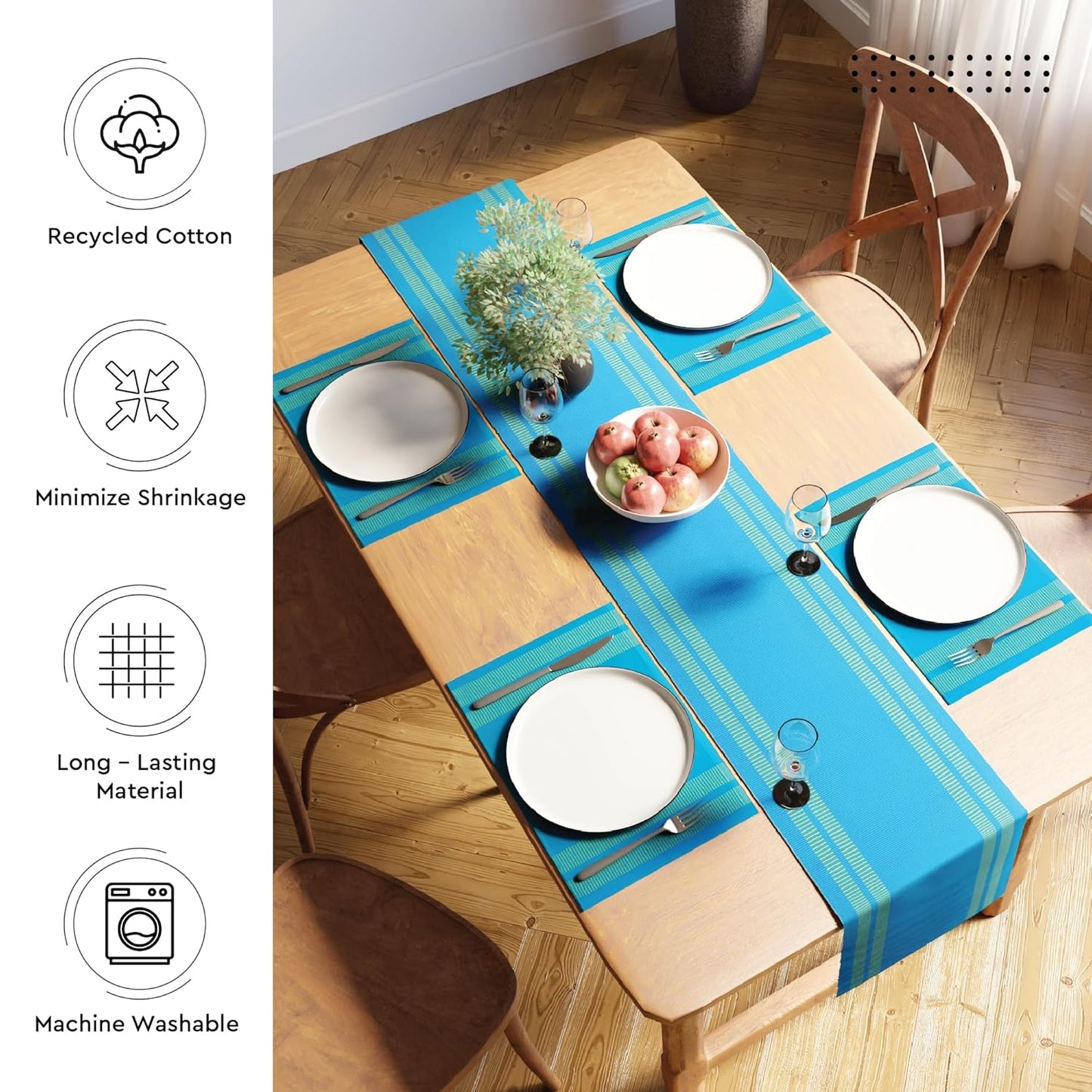 Modern Ladder Turq Blue Dining Table Runner, Yarn Dyed Fine Ribbed Cotton, 32x183 cm for 4-6 Seater | Machine Washable Kitchen Decor