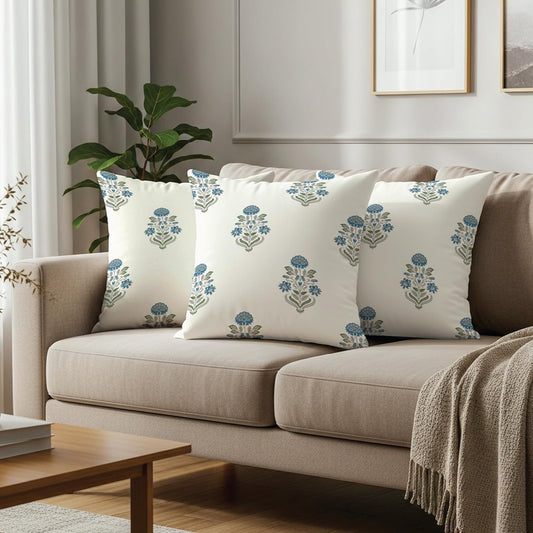 Liberty Blue Cushion Cover Set – 200 TC Pure Cotton – 16x16 Inch (40x40cm) – Set of 3