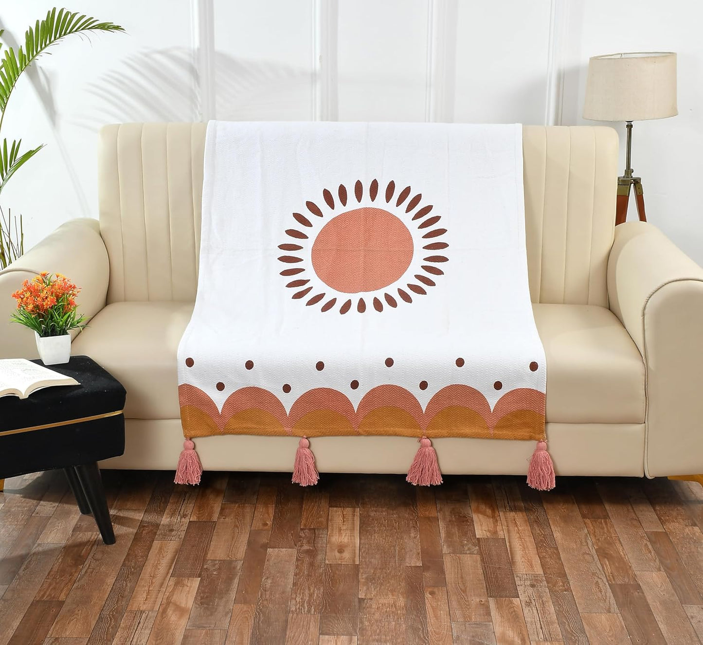 Gedrukte katoenen plaid – Woondecoratie-accent – Naturel Oranje – 100x125 cm
