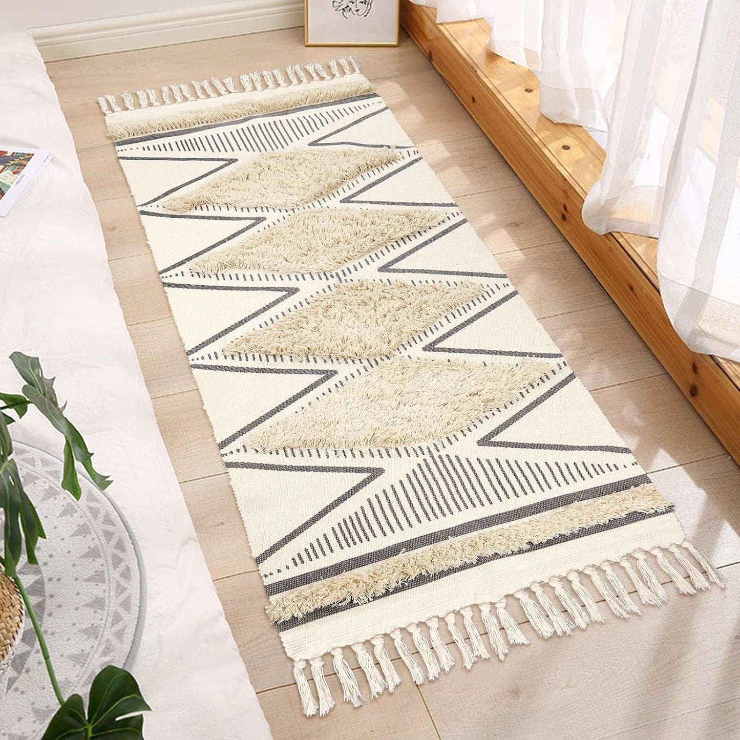Modern Hand Woven 100% Cotton Designer Rug, 2x5 ft (White Triangle) | Washable Bedroom Living Room Floor Runner