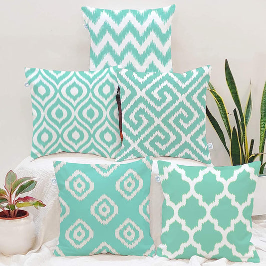 Elegant Teal White Ikat Geometric Polycotton Cushion Covers Set of 5 (16x16) | Sofa Throw Pillow Covers Living Room Decor
