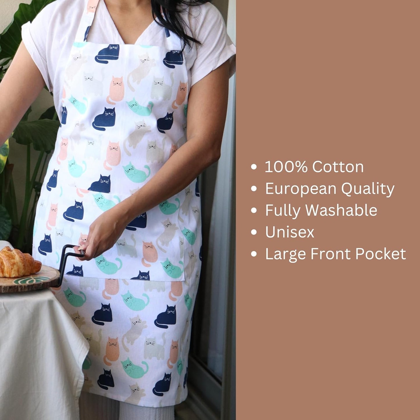Ensemble de linge de cuisine à motif chat – 100 % coton, lavable en machine – Tablier, maniques, dessous de plat, 3 pièces