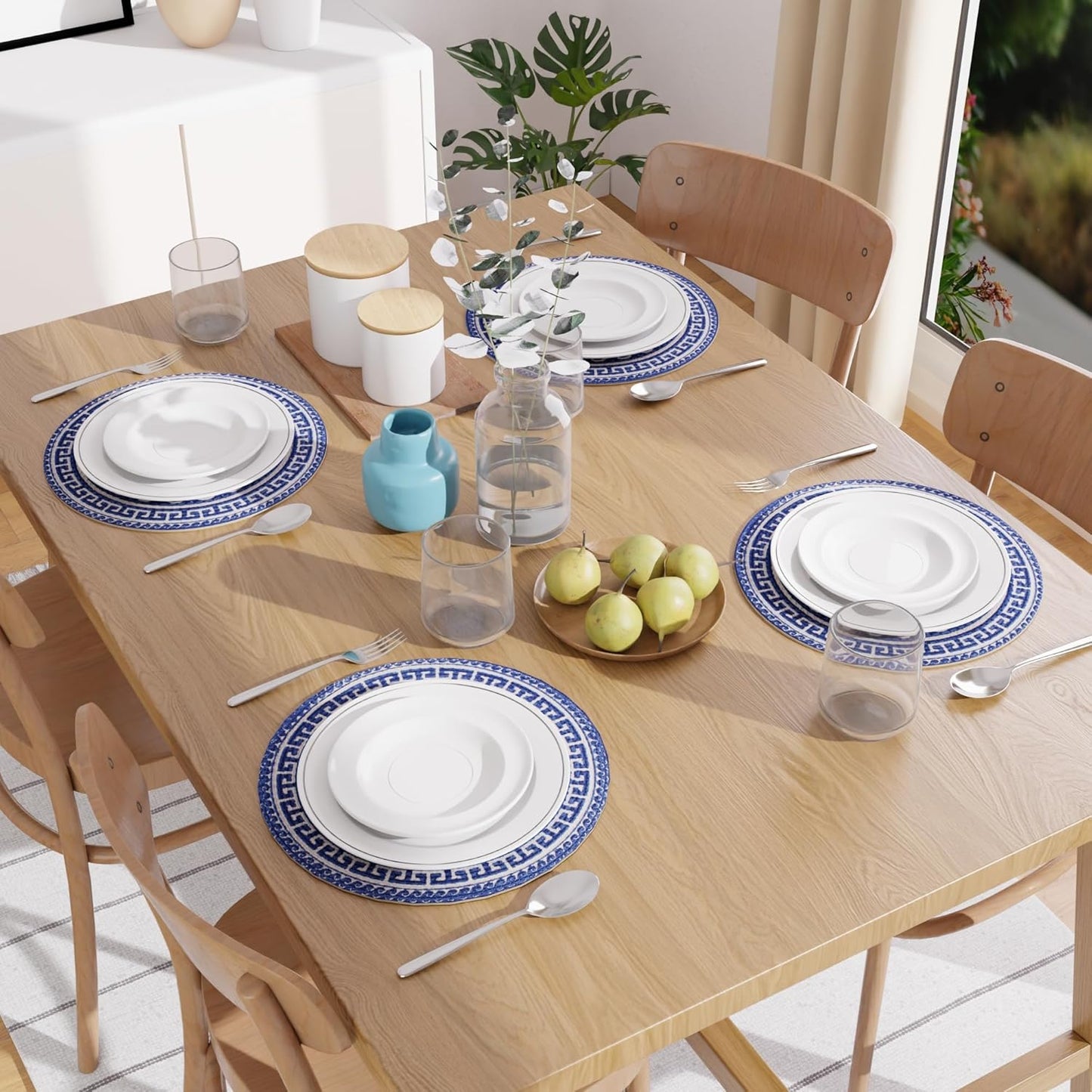 Handmade Ribbed Blue Mandala Round Table Mats Set of 4 (32cm) | Heat-Resistant, Washable Cotton Dining Placemats