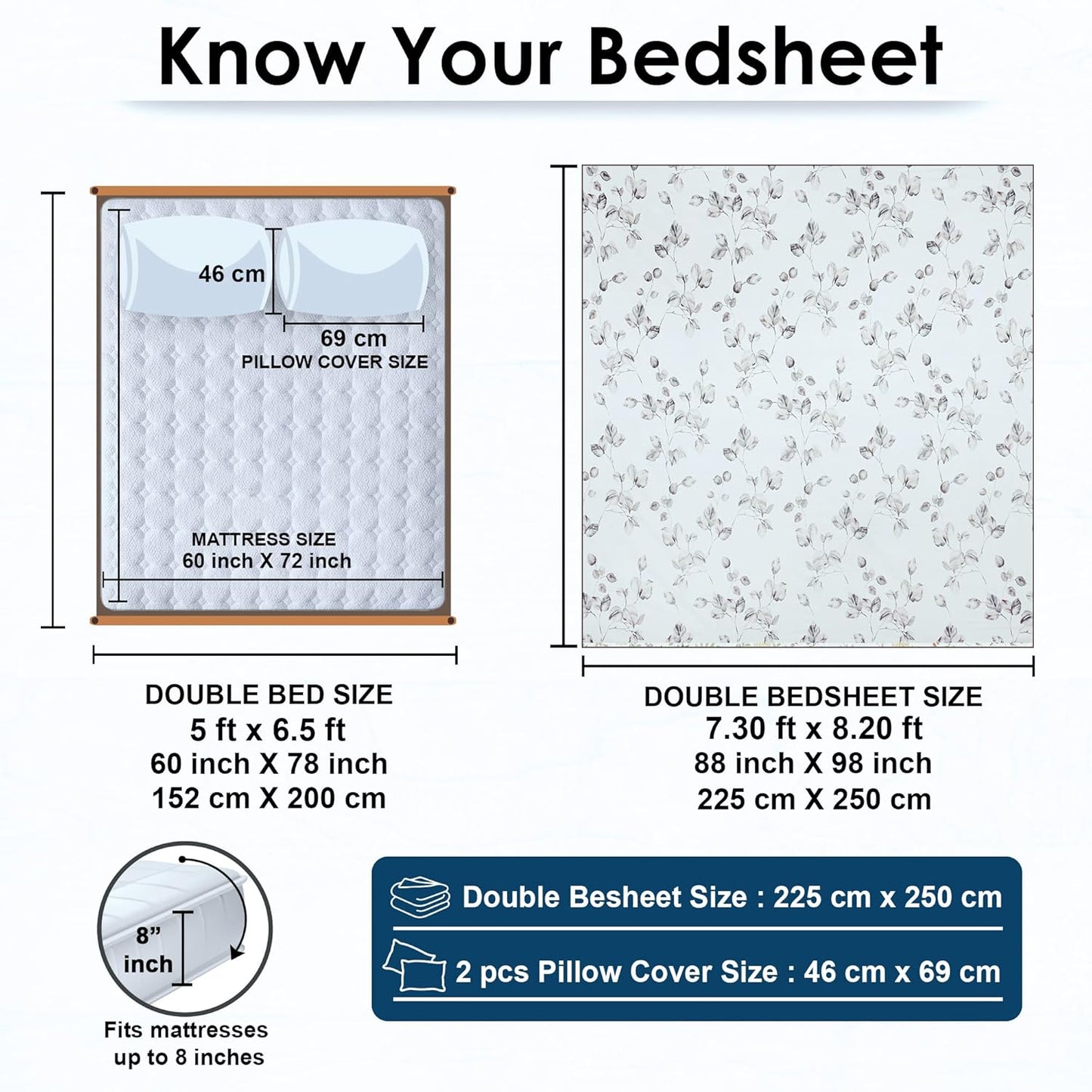 Bedsheet Set - Cotton 190 TC Floral - Double/Queen Size, 2 Pillow Covers
