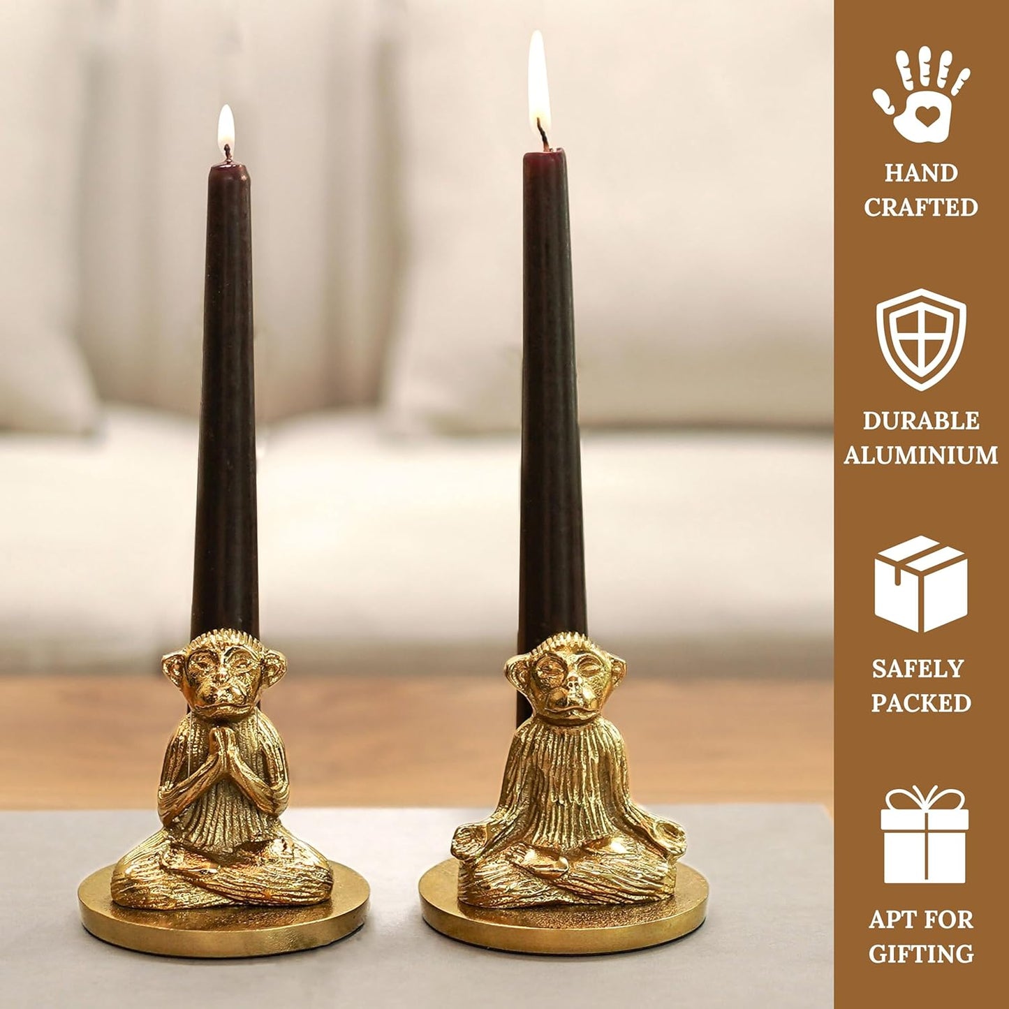 Antique Gold Yoga Monkey Aluminium Candle Holders Set of 2 | Decorative Home Decor, Festive Gift, Wedding, Anniversary, Diwali