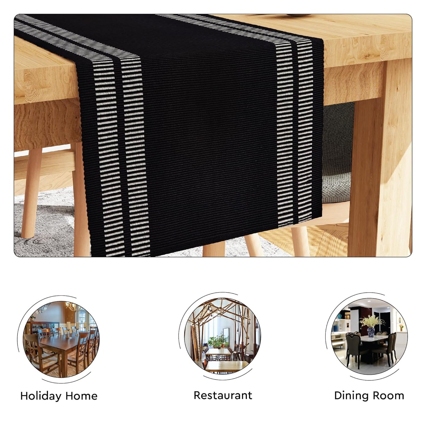 Modern Ladder Black Fine Ribbed Cotton Dining Table Runner 32x183 cm for 4-6 Seater | Machine Washable Kitchen Decor