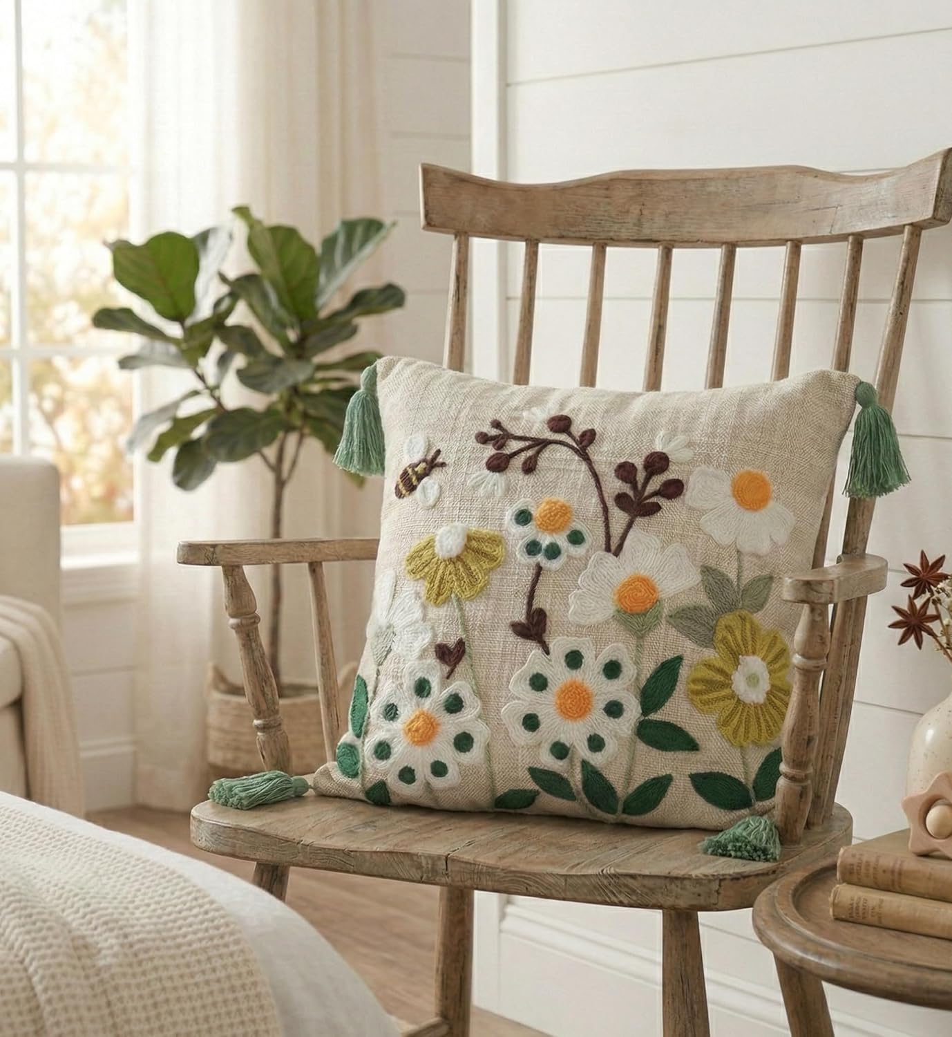 Boho Cushion Cover – Decorative Pillow Case – Embroidered Slub Cotton with Tassels – 16x16 Inch (40x40 cm)