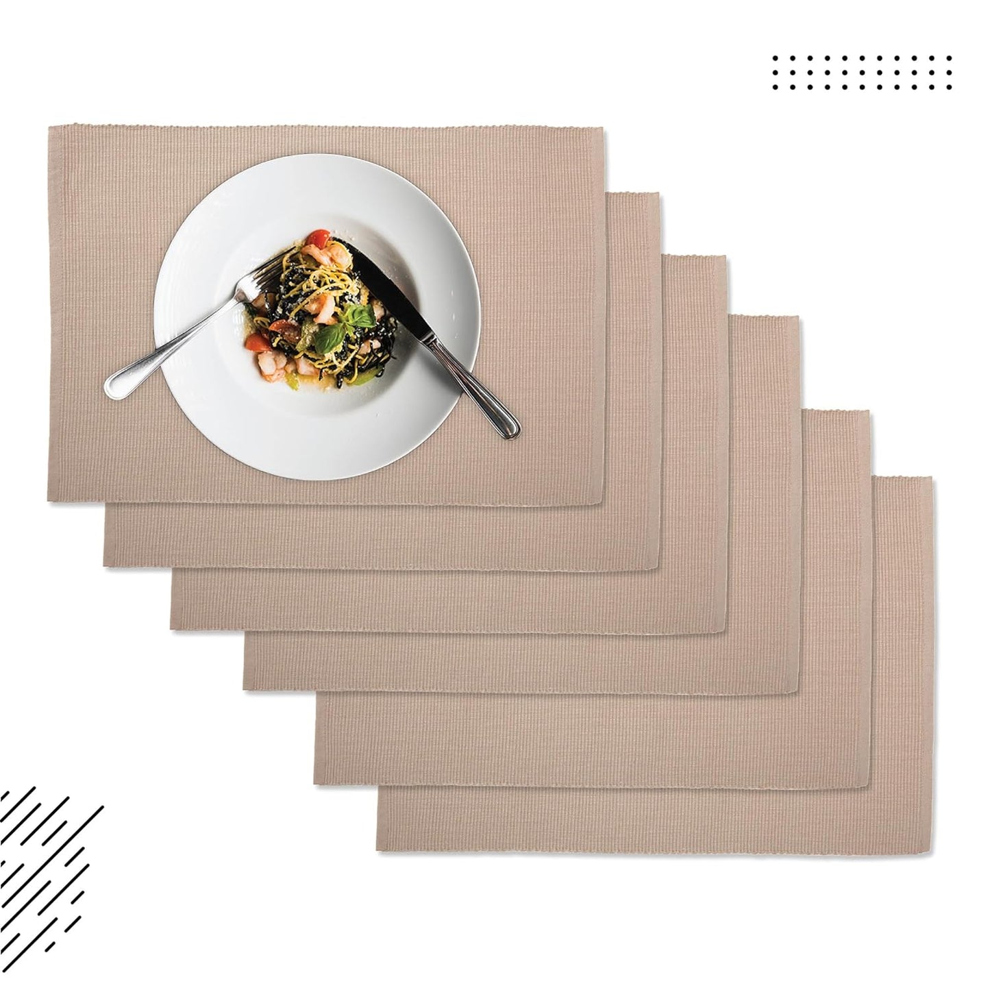Solid Beige Ribbed Cotton Dining Table Mats Set of 6 (48x32 cm) | Heat-Resistant, Washable Placemats for Kitchen & Dining