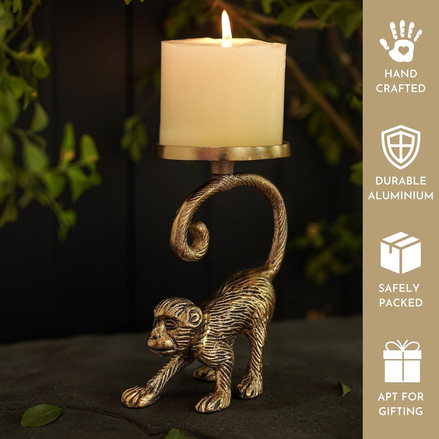 Artistic Metal Monkey Pillar Candle Holder Stand for Home Decor | Tabletop Showpiece, Gifting, Gold Finish