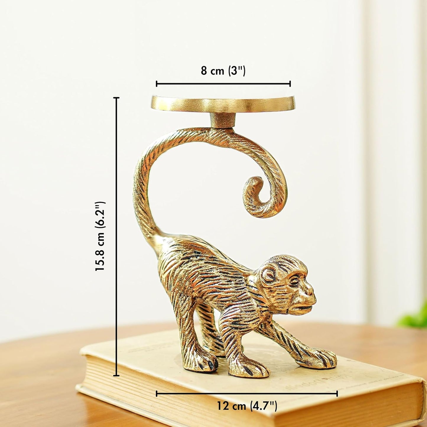 Artistic Metal Monkey Pillar Candle Holder Stand for Home Decor | Tabletop Showpiece, Gifting, Gold Finish