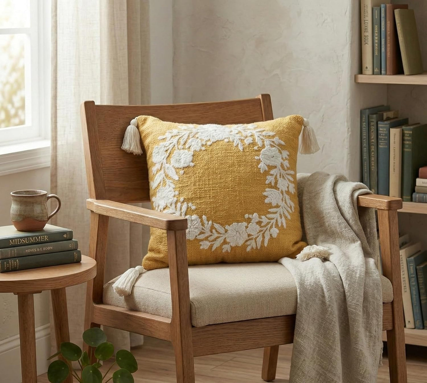 Boho Cushion Cover – Embroidered Slub Cotton Pillow Case – Tufted Tassels – 16x16 Inch