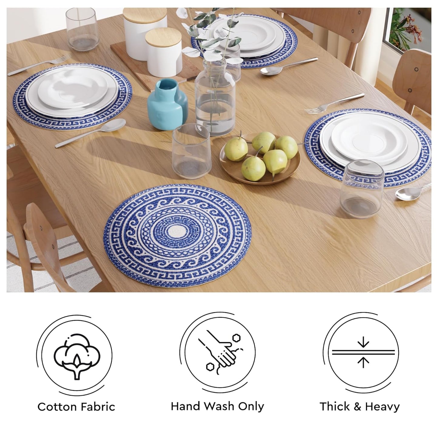 Handmade Ribbed Blue Mandala Round Table Mats Set of 4 (32cm) | Heat-Resistant, Washable Cotton Dining Placemats