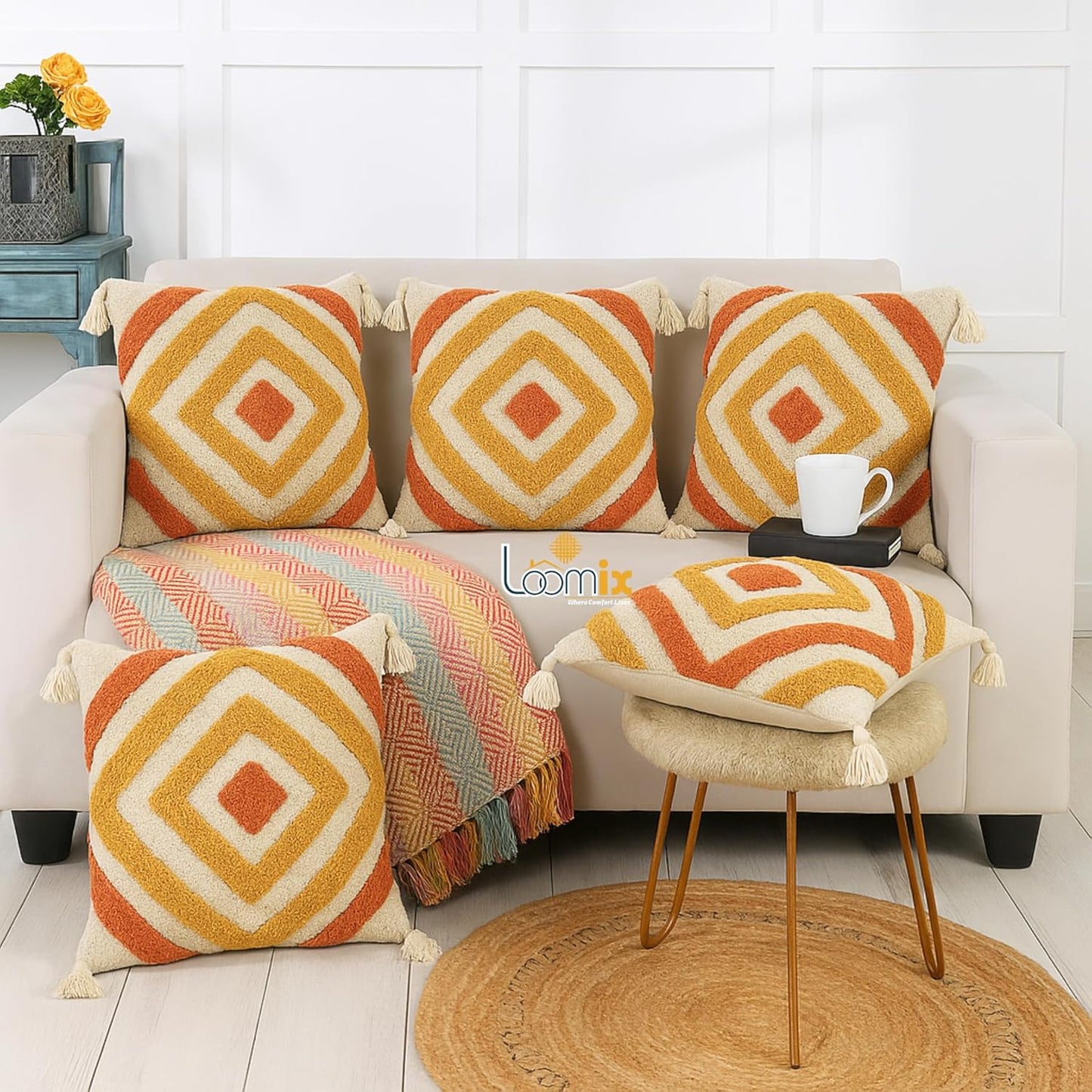 Handmade Multicolor 100% Cotton Cushion Cover 16x16 Inch (2-Pack) | Sofa, Couch, Bedroom, Living Room Decor