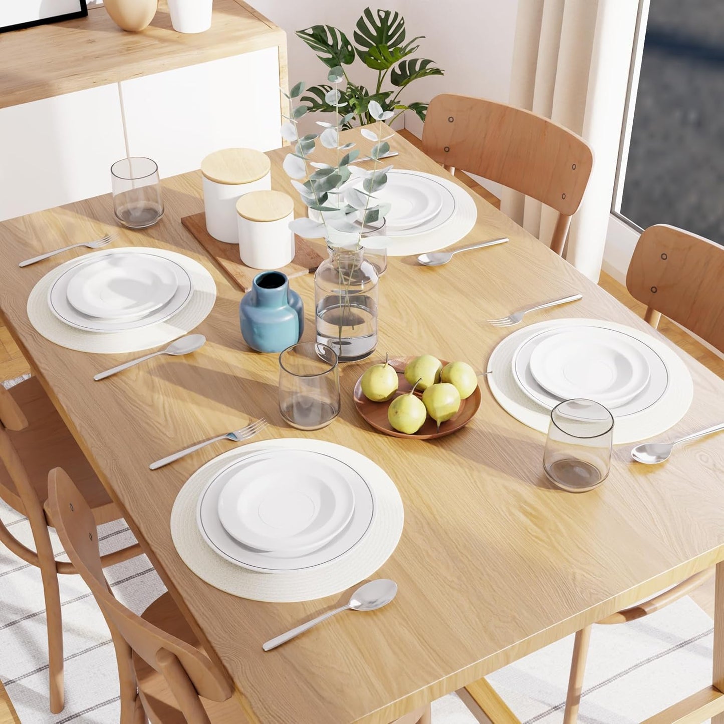 Off White Ribbed Heat-Resistant Washable Cotton Table Mats Set of 4, 32cm Round | Dining Placemats, Non-Slip Tablemate