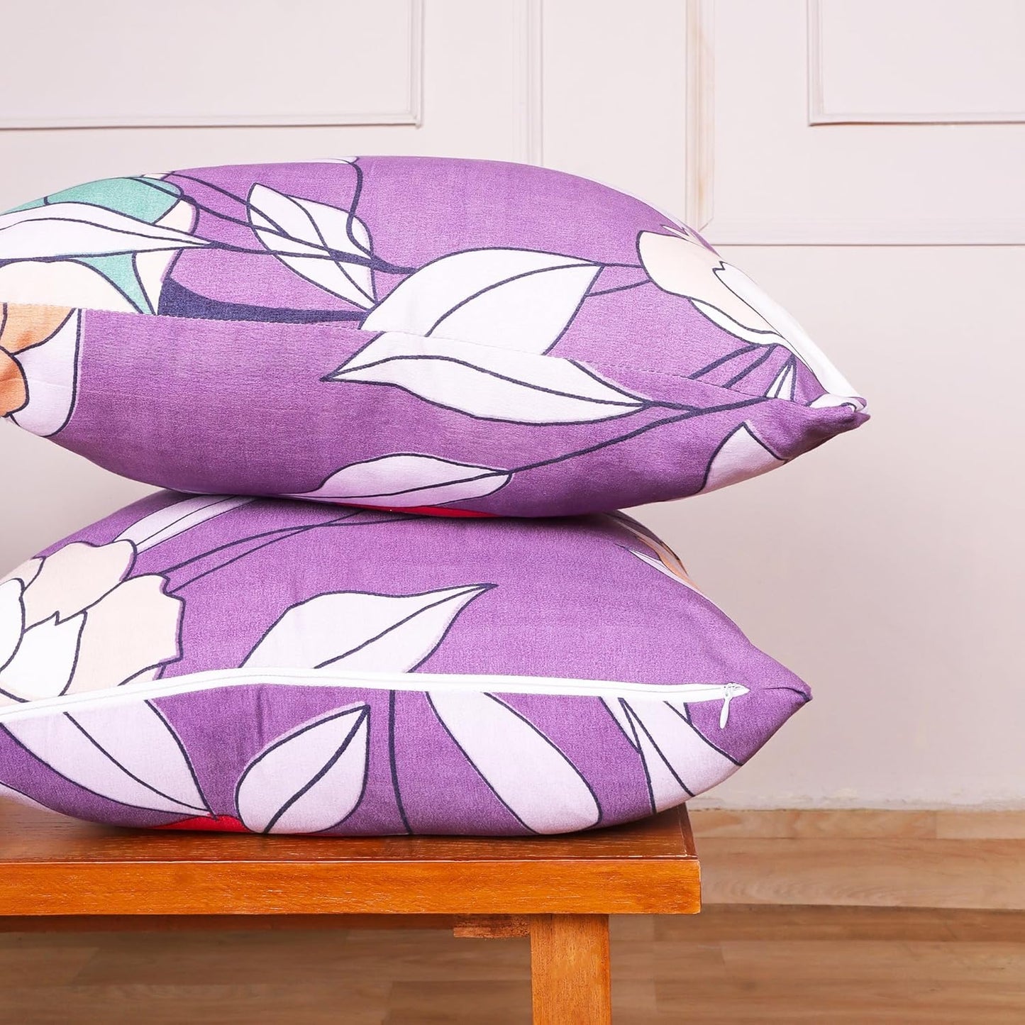 Purple Floral Print Soft Polycotton Cushion Covers 16x16 Inch Set of 5 | Decorative Sofa Bed Living Room Zipper
