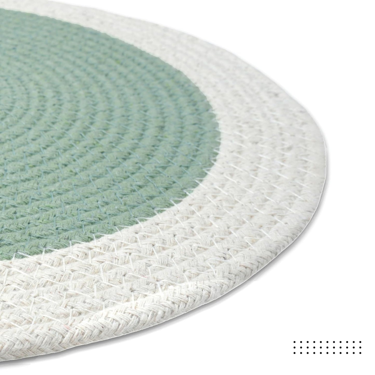 Sage & Off White Handmade Ribbed Cotton Round Table Mats Set of 4 | Heat-Resistant, Non-Slip, Washable Dining Placemats