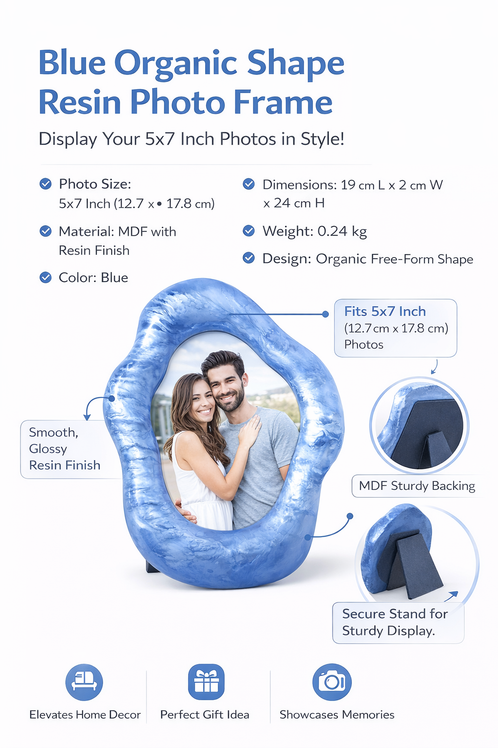 Blue Organic Shape Photo Frame 5x7 Inch Resin Décor
