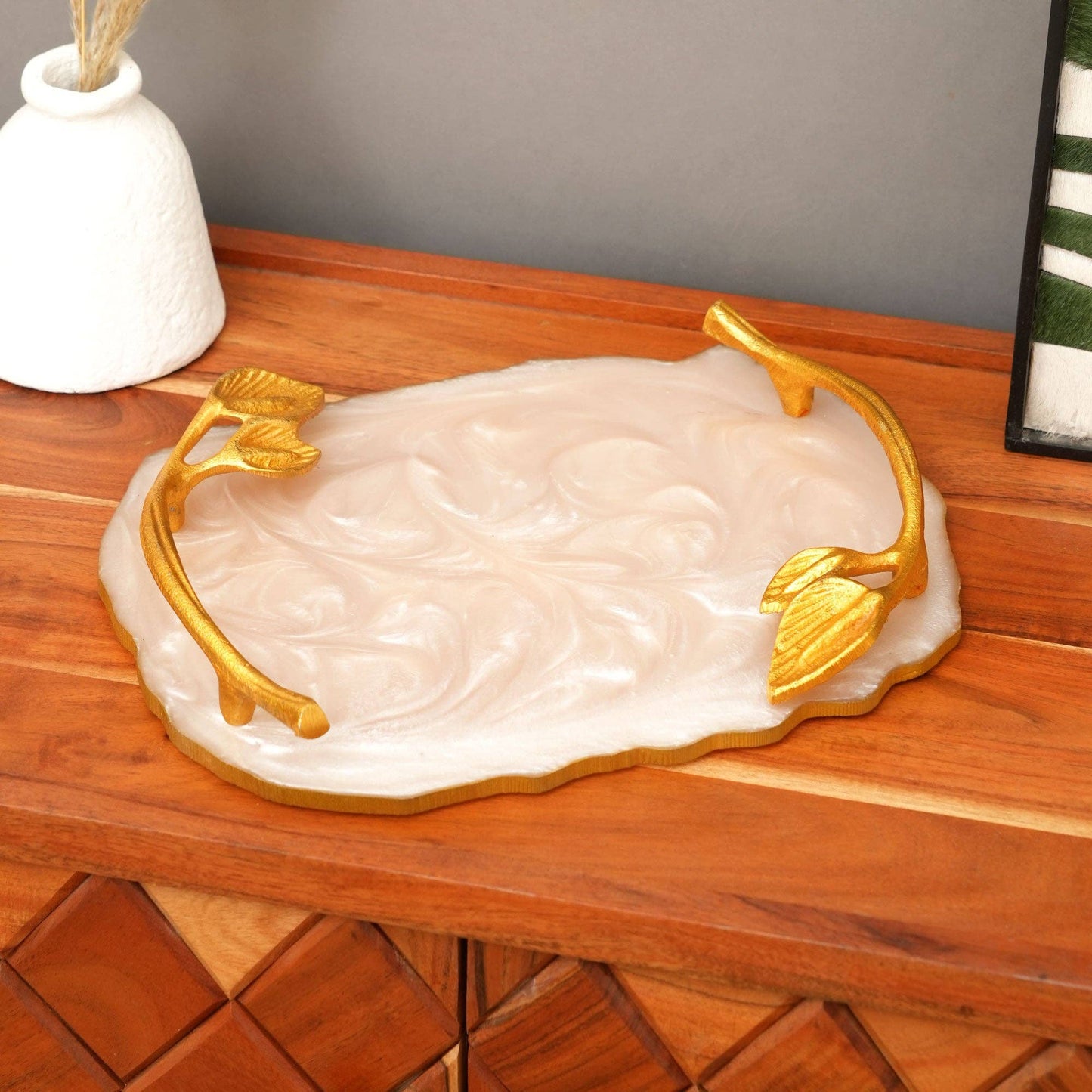 Luxury Marble Finish Serving Tray - Elegant Gold Accents