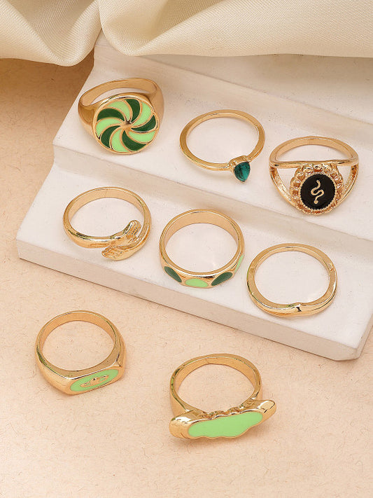 8pc Ring Band Collection – Gilded Finish, Embellished Design
