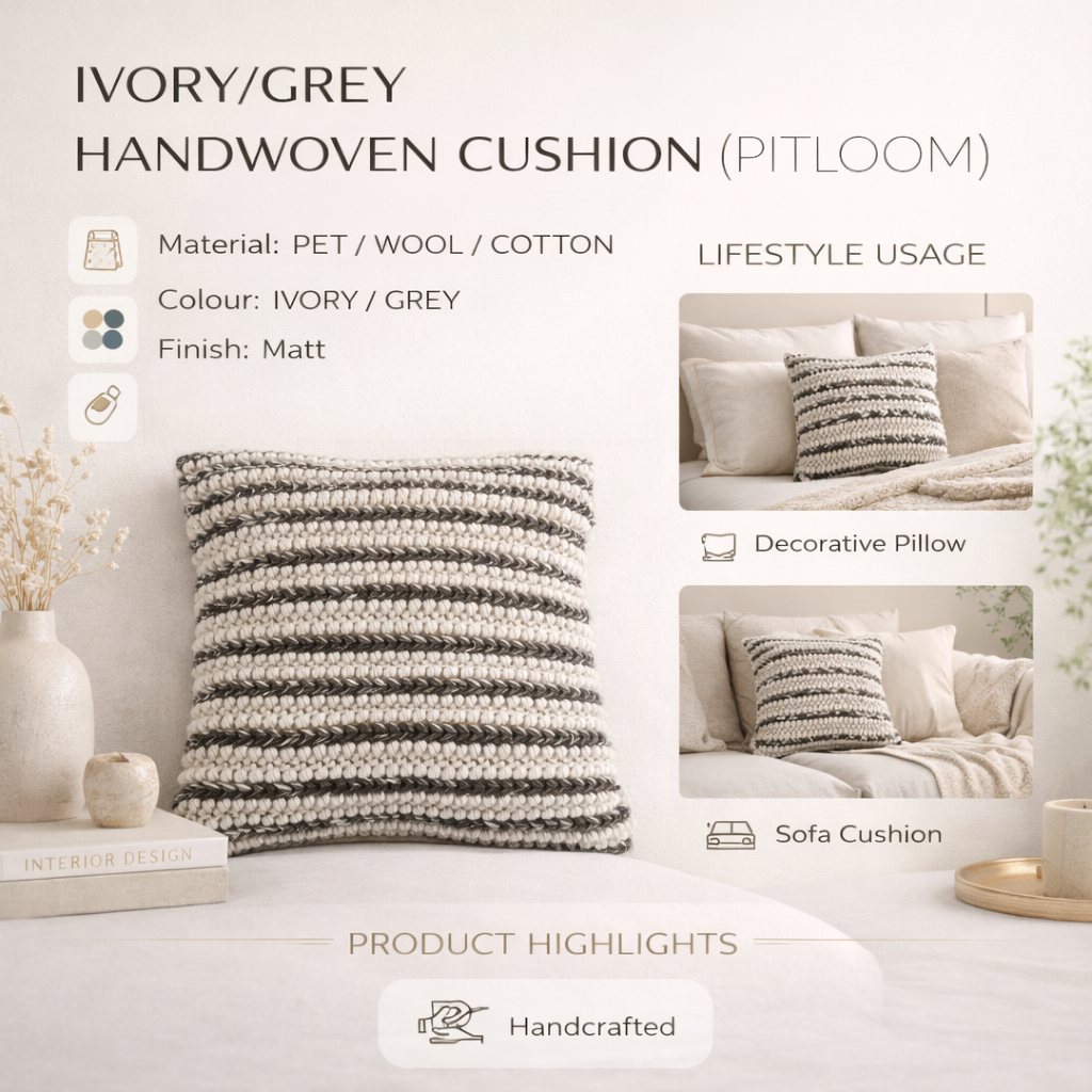 Ivory & Grey Handwoven Textured Cushion - 45x45 cm